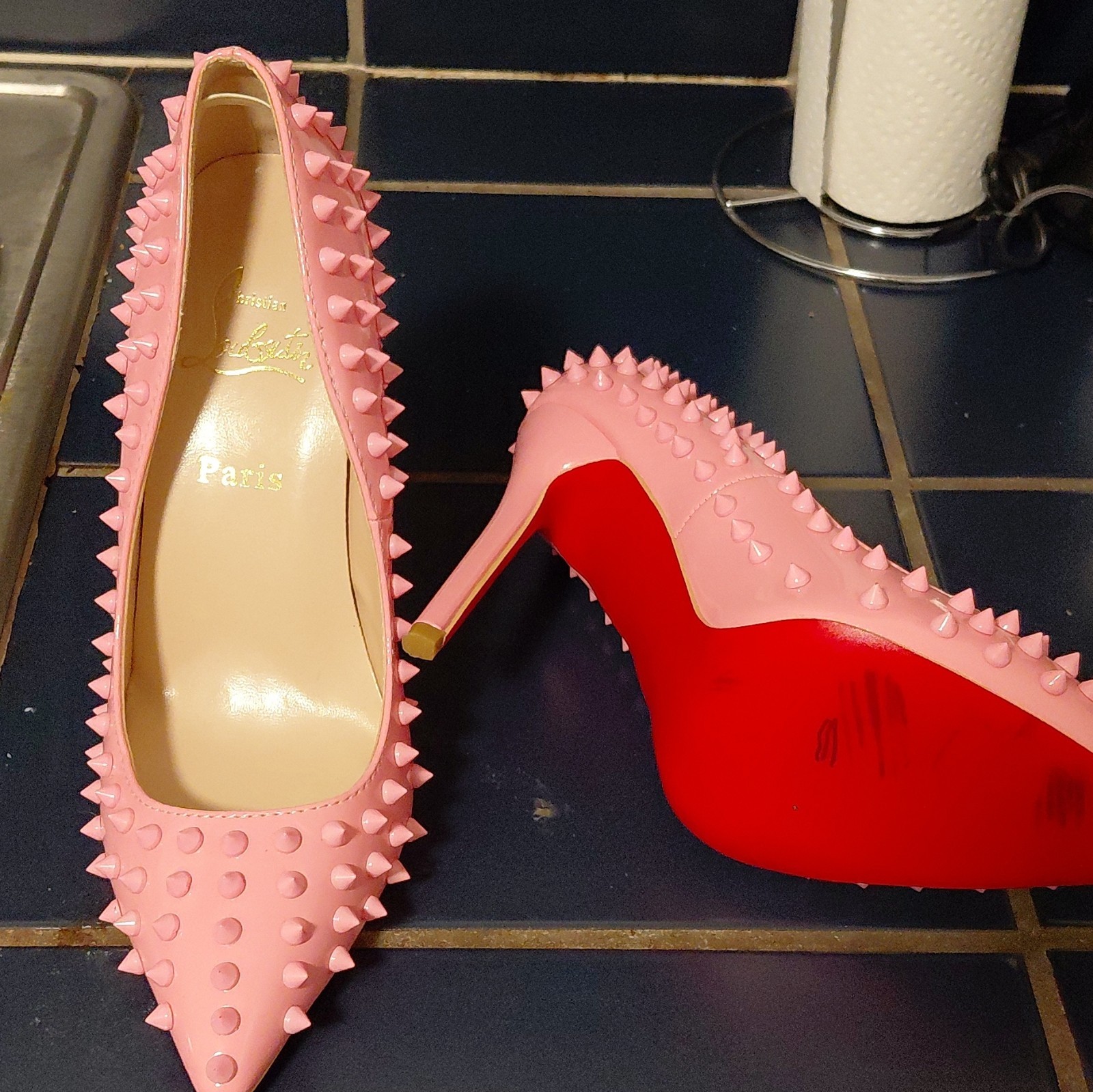 Christian Louboutin Pink Spiked Studded Pointed Toe Leather Stiletto Pumps 40