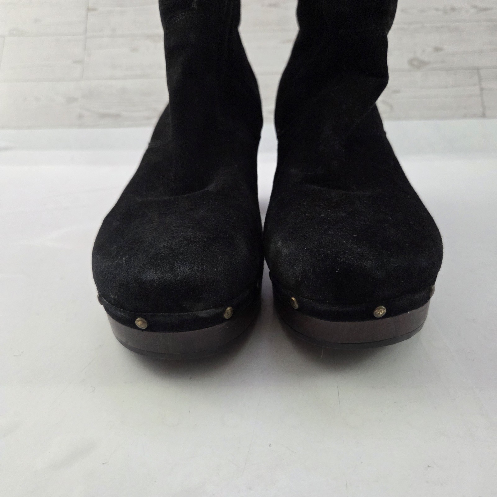 Clarks Boots Womens 11 Black Suede Platform Clog Faux Fur Lined Comfort Booties