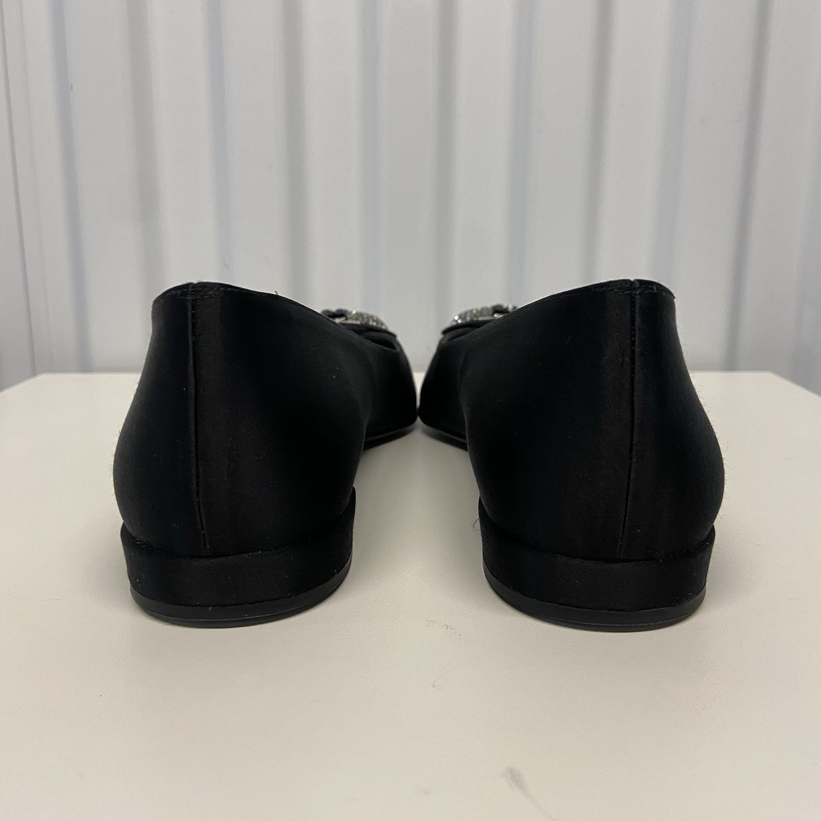 VTG 90s Stuart Weitzman Black Satin Pointed Toe Rhinestone Dress Flats 7 N