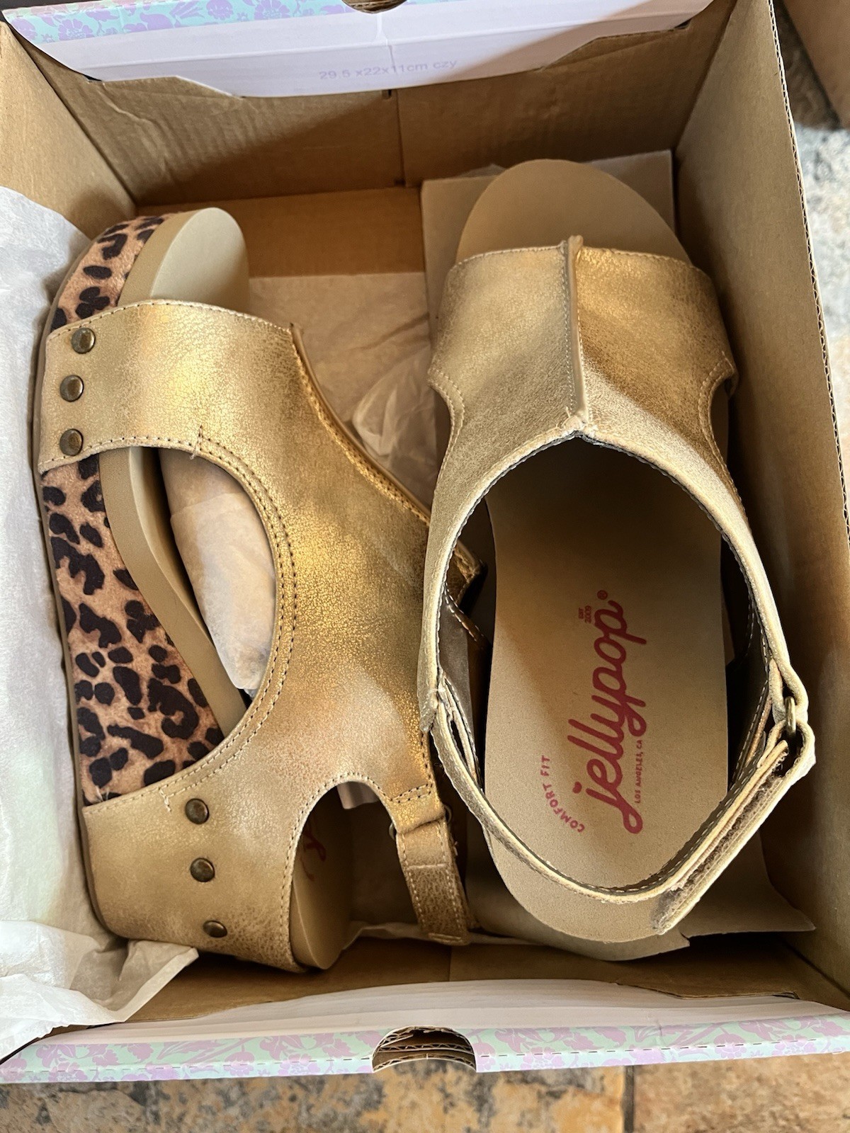 Jellypop Showcase Wedge Sandal Women’s 9M Metallic Gold/Leopard Print Open Toe
