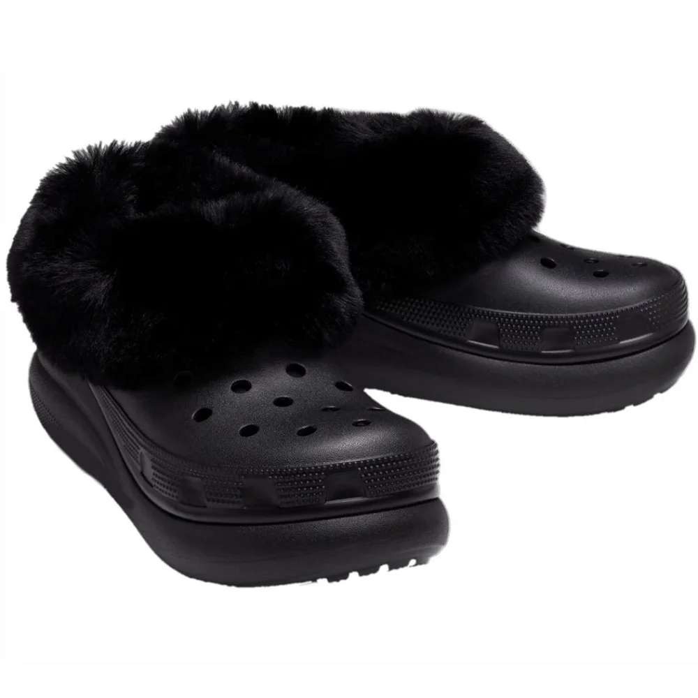 Crocs Furever Crush Black Faux Fur Platform Clogs Slip On women 6/men 4