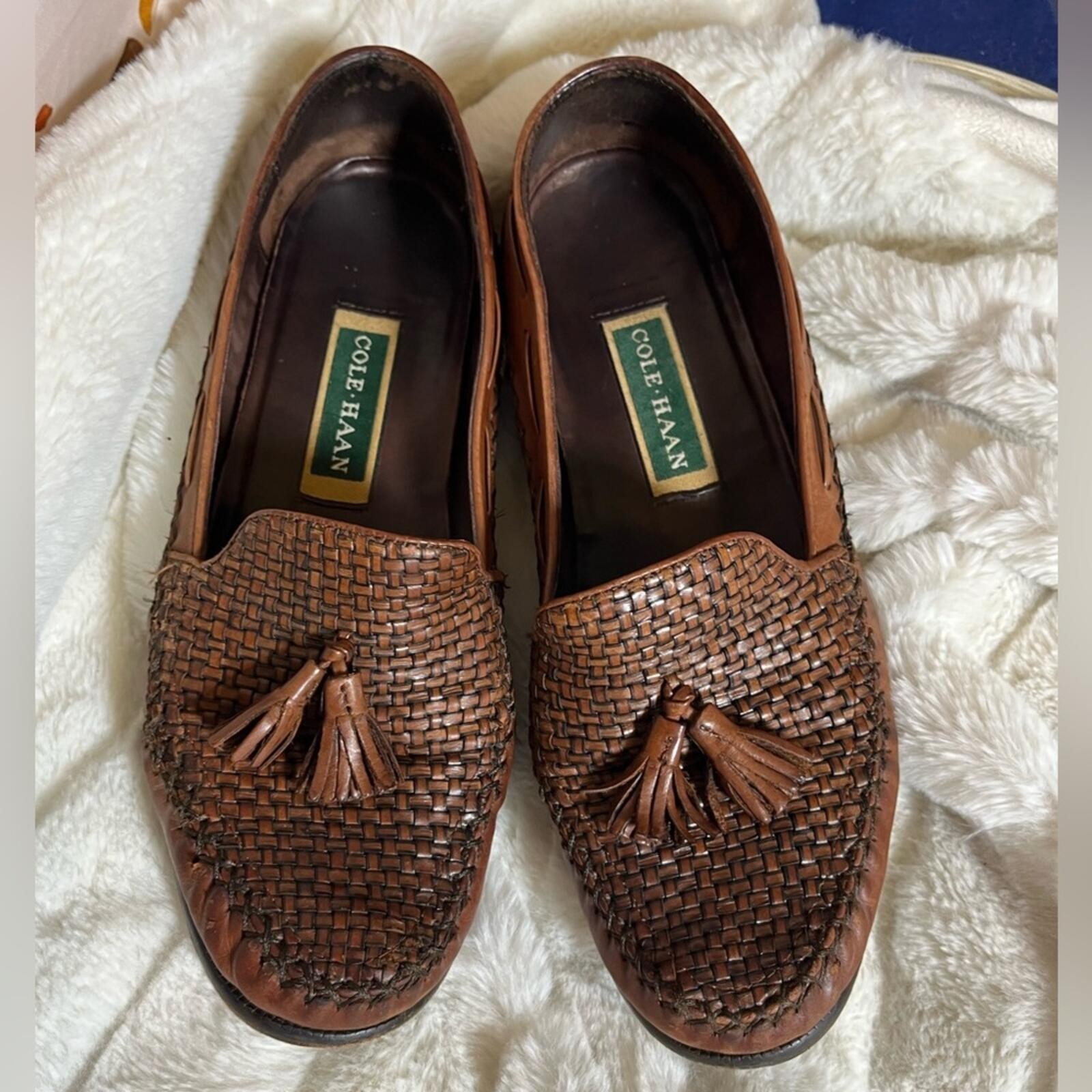 Cole Haan Womens 9.5B Vintage Brown Woven Leather Tassel Moccasin Workwear Shoes