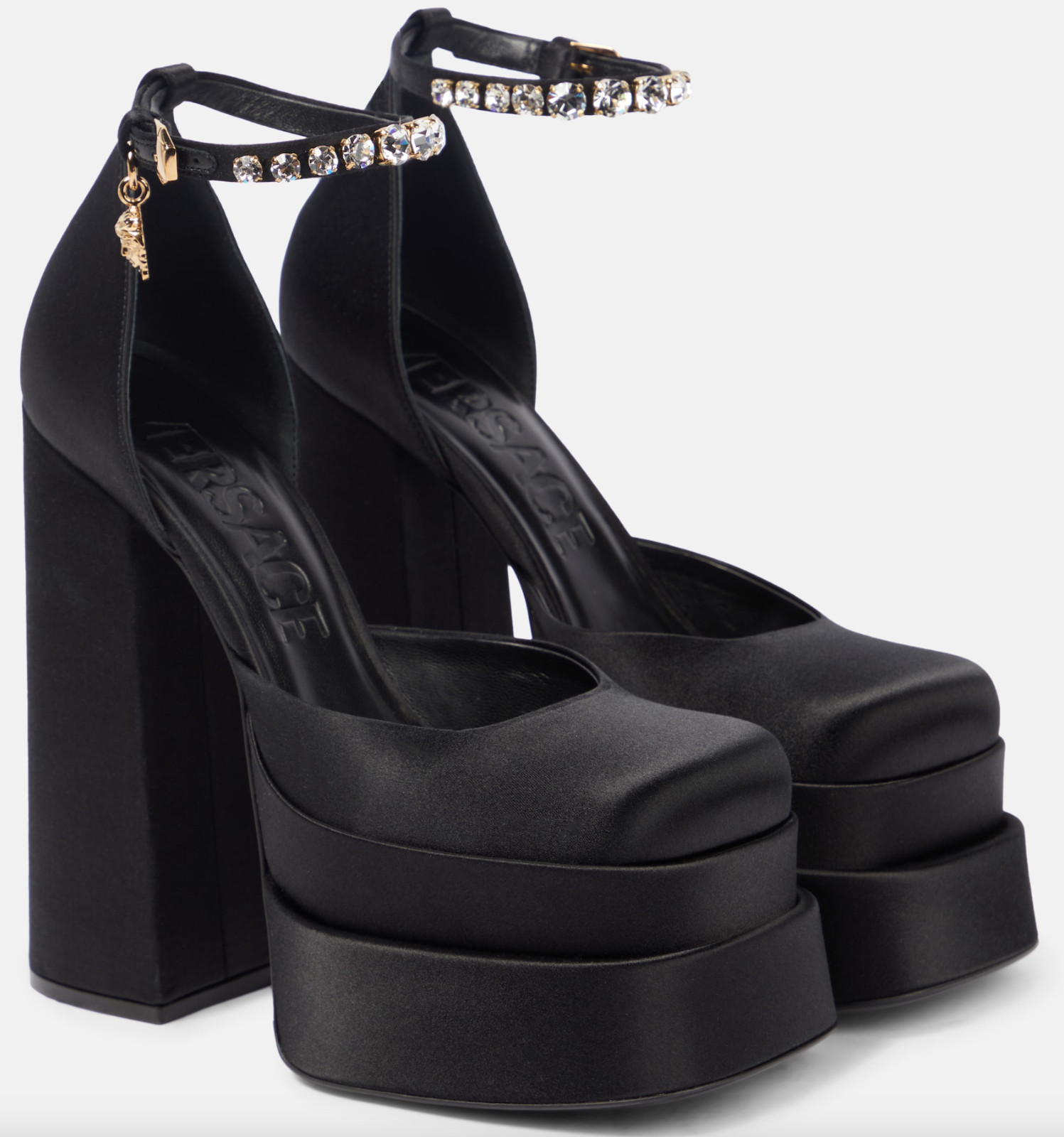 NIB Versace Medusa Aevitas Black Satin Crystal Logo Platform Pumps Sz 39.5 $1575