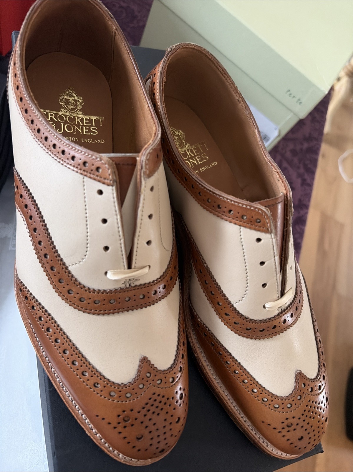 Crockett & Jones Women’s Alice Wing Tip Oxford Shoe Tan Ivory Size 3 NEW NIB