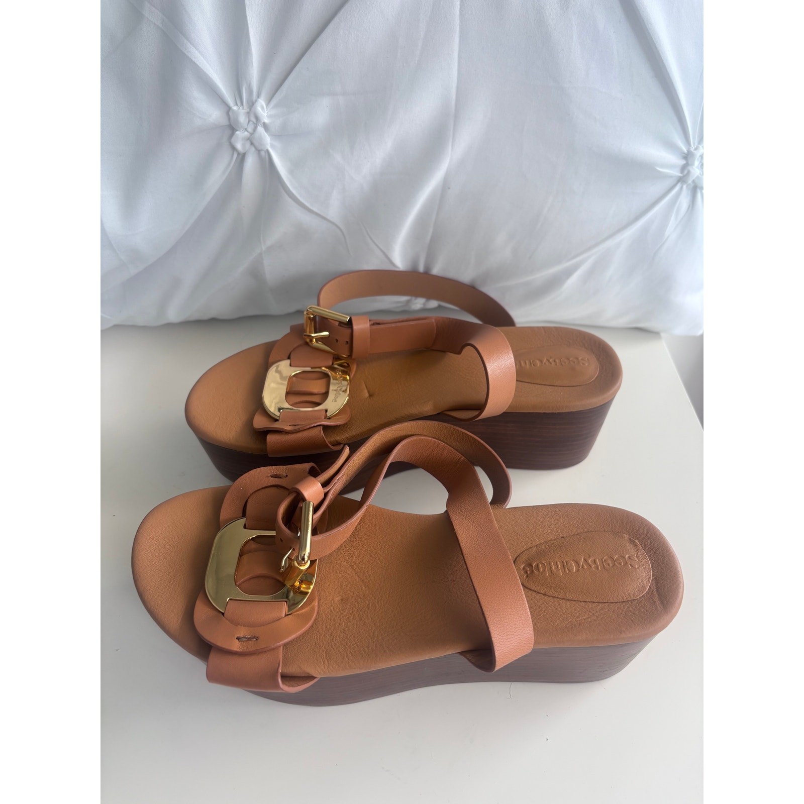 SEE BY CHLOE Chany Brown Slides Wedge Buckle Sandals Women’s Size 38