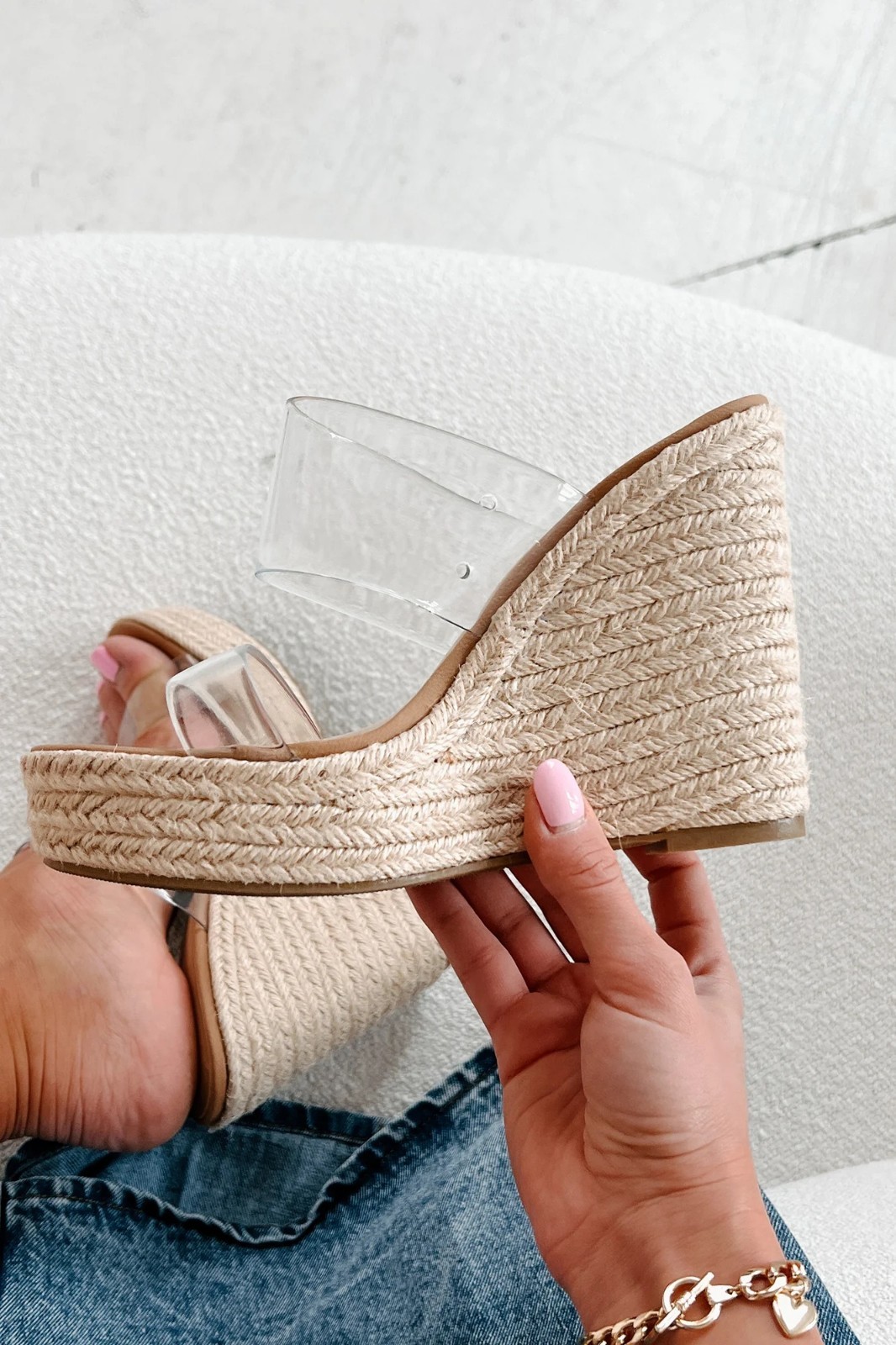 NEW Transparent Clear Open Toe Raffia Espadrille Sandal Shoe Platform Wedge Heel