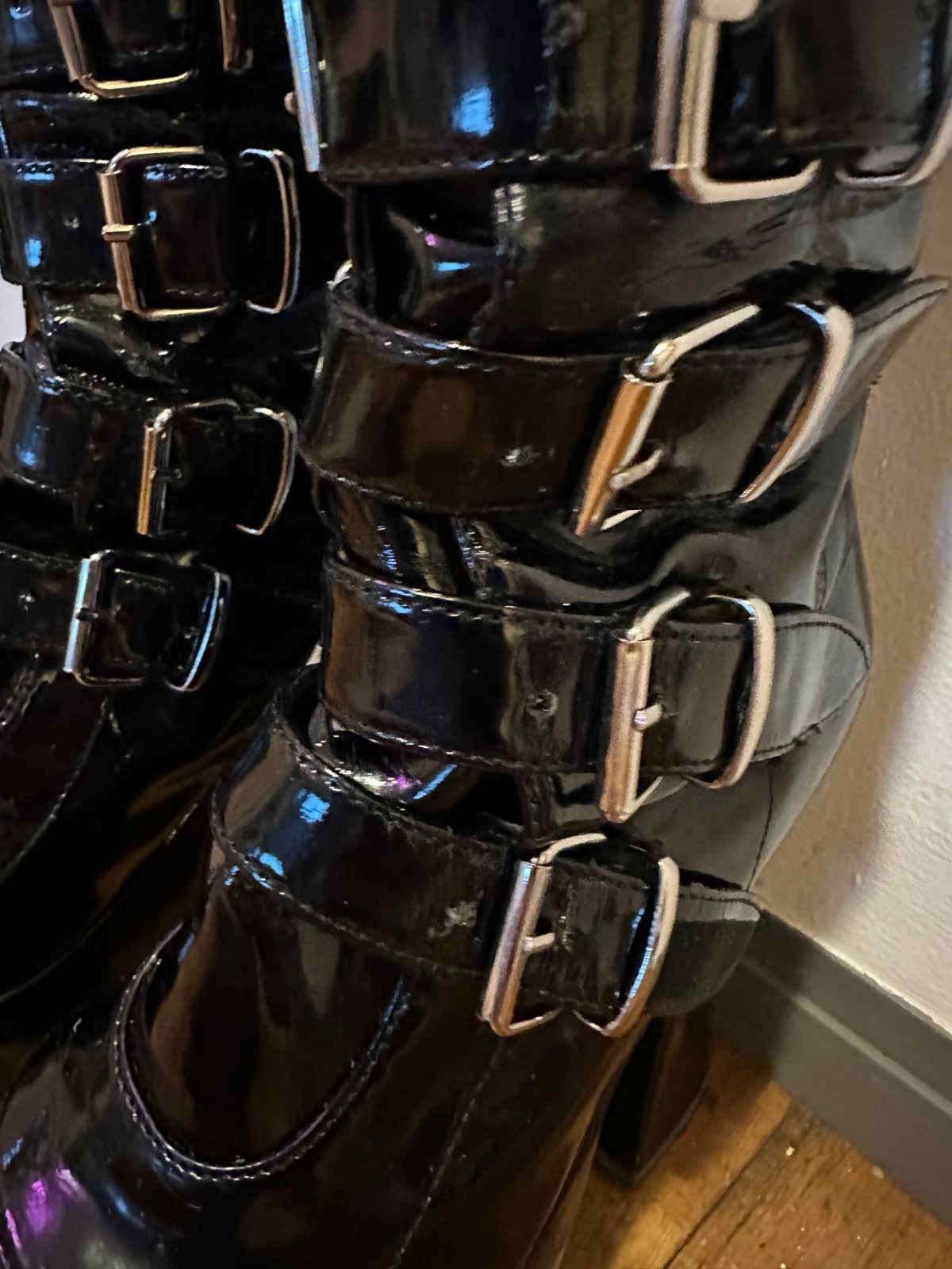 Demonia knee-high Patent Leather Boots, s8, silver hardware adjustable buckles