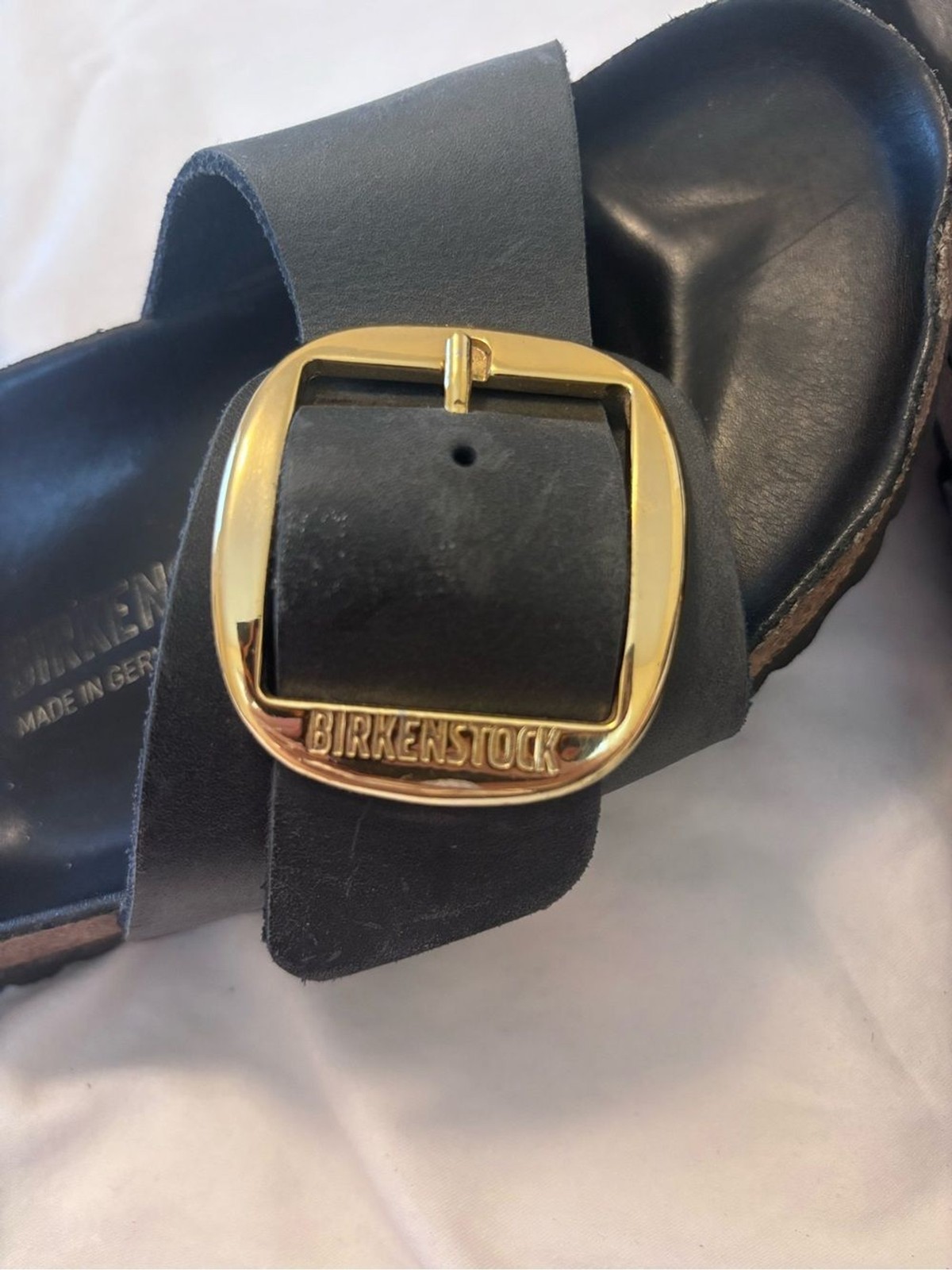 Birkenstock Madrid Big Buckle Navy Leather Slide Sandals Gold Buckle EU 38