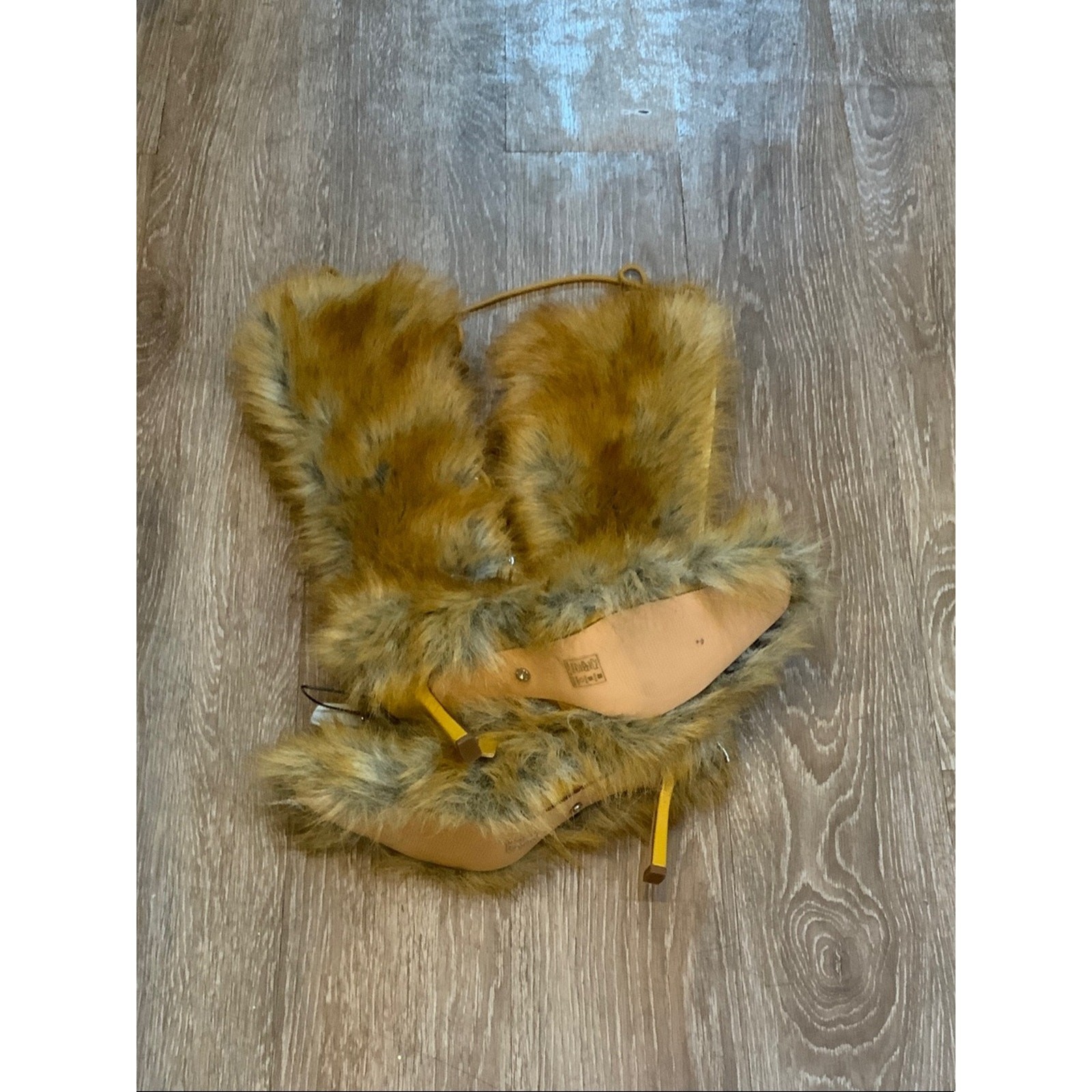 Faux Fur Knee-High Heeled Boots in Mustard Yellow