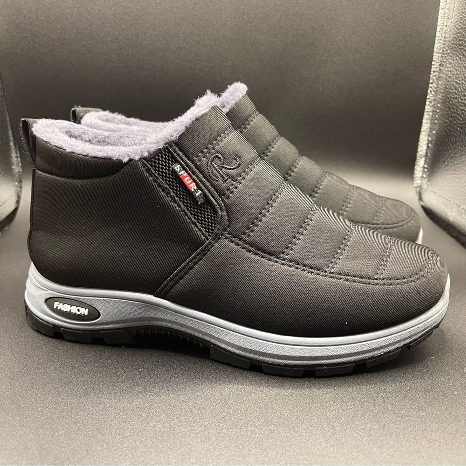 Black and Gray Quilted Slip-On Winter Boots