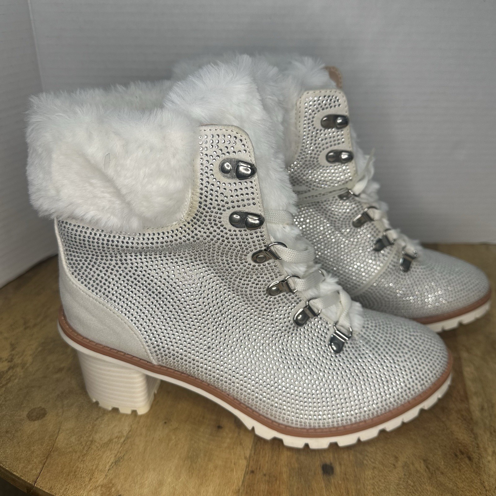 Nannette Lepore Anais Bootie Rhinestone in Winter White Size Womens 9M Faux Fur