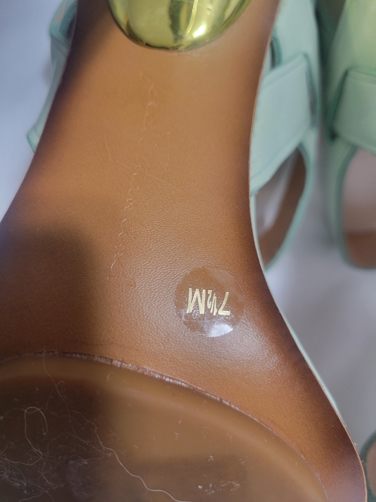 7 For All Mankind Mint Green Leather Gold Stilletto Heel Sandals Womens 7.5 M