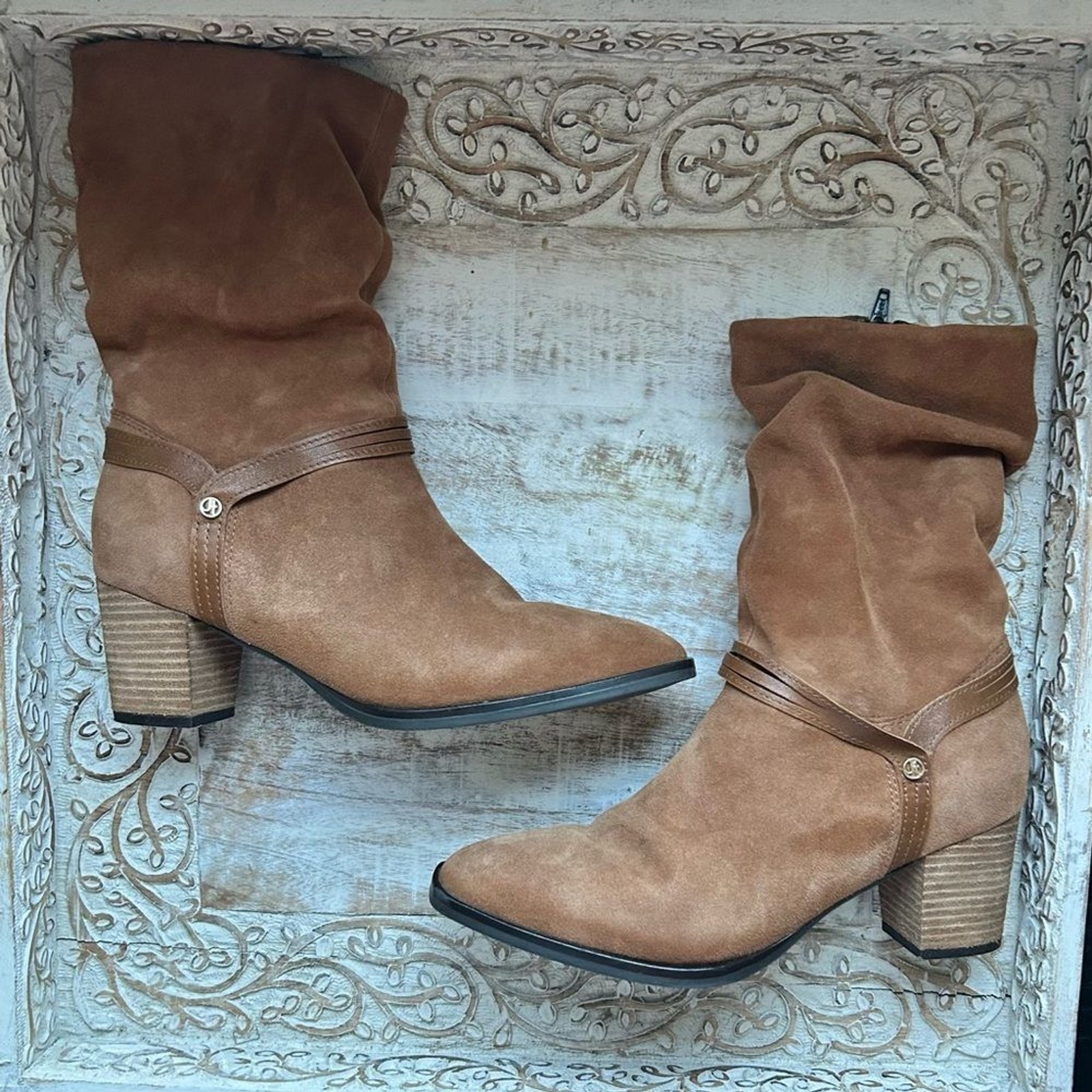 Boho Western Leather Suede Slouchy Boot Size 10 Tan Bootie Jatarea Omi Neutral