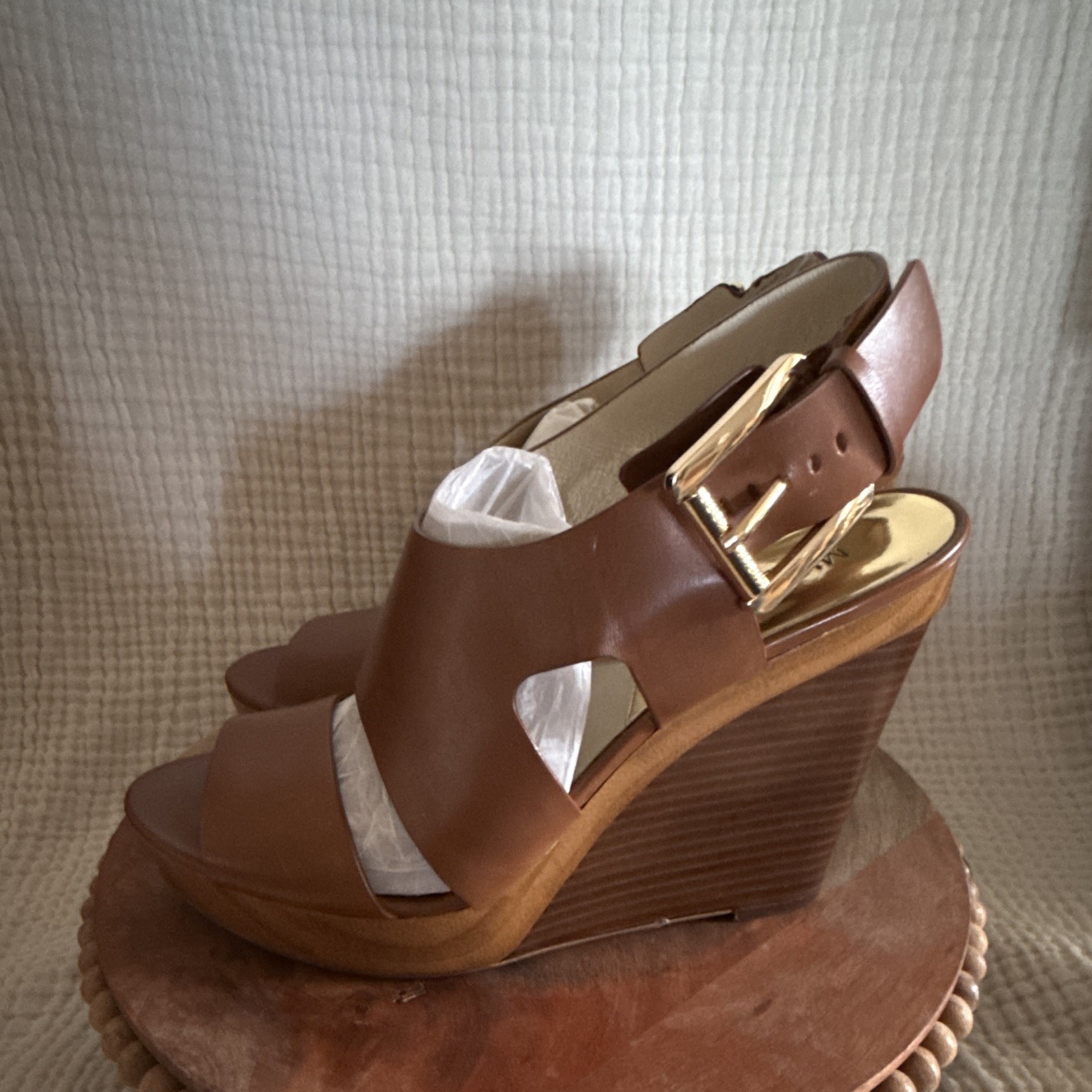 Michael Kors Brown Leather Platform Wedge Sandals Buckle Strap US 9.5
