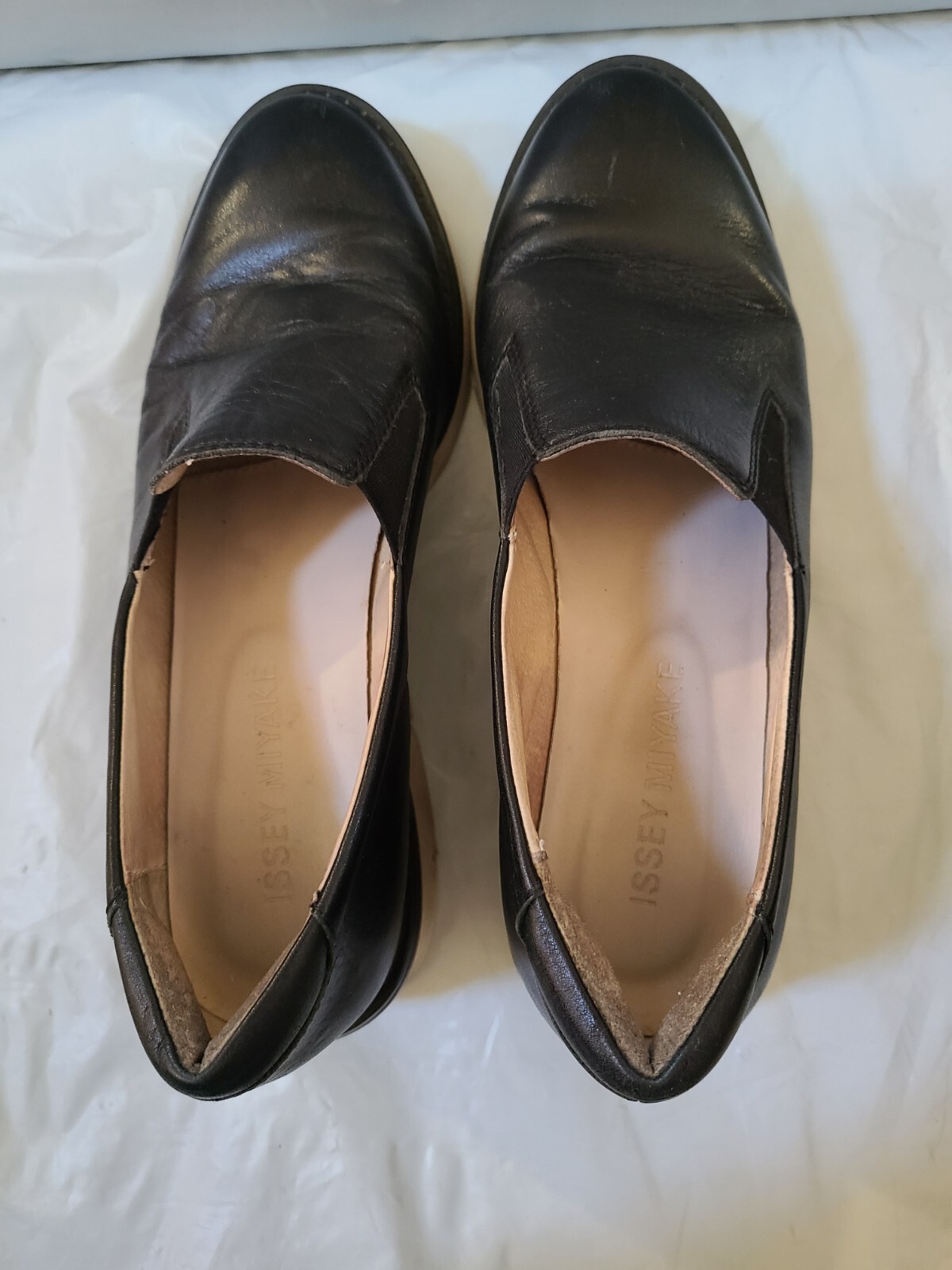 Issey Miyake Leather Slip-On Loafers W/Wood Inset AJ302 24.0 cm Women’s 7.5
