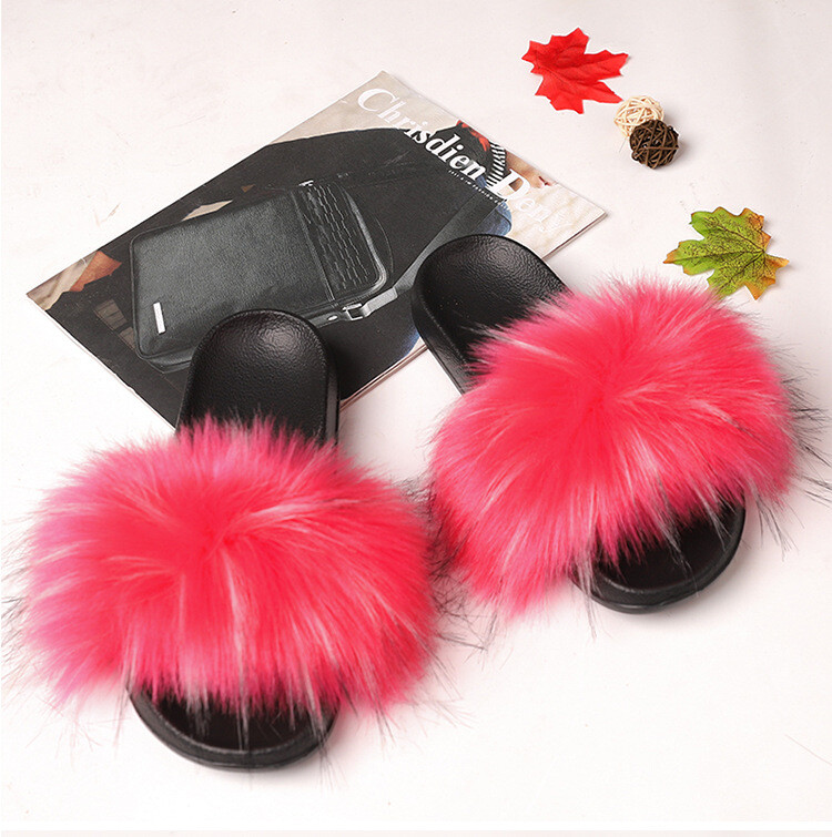 Fuzzy Fluffy Faux Fur Slides Slippers Flat Soft Sandals Open Toe Slip On Shoes