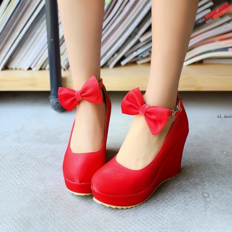 Women’s Round Toe Wedge Heeled Platform Wedding Shoes Bow Tied Shoes Pumps