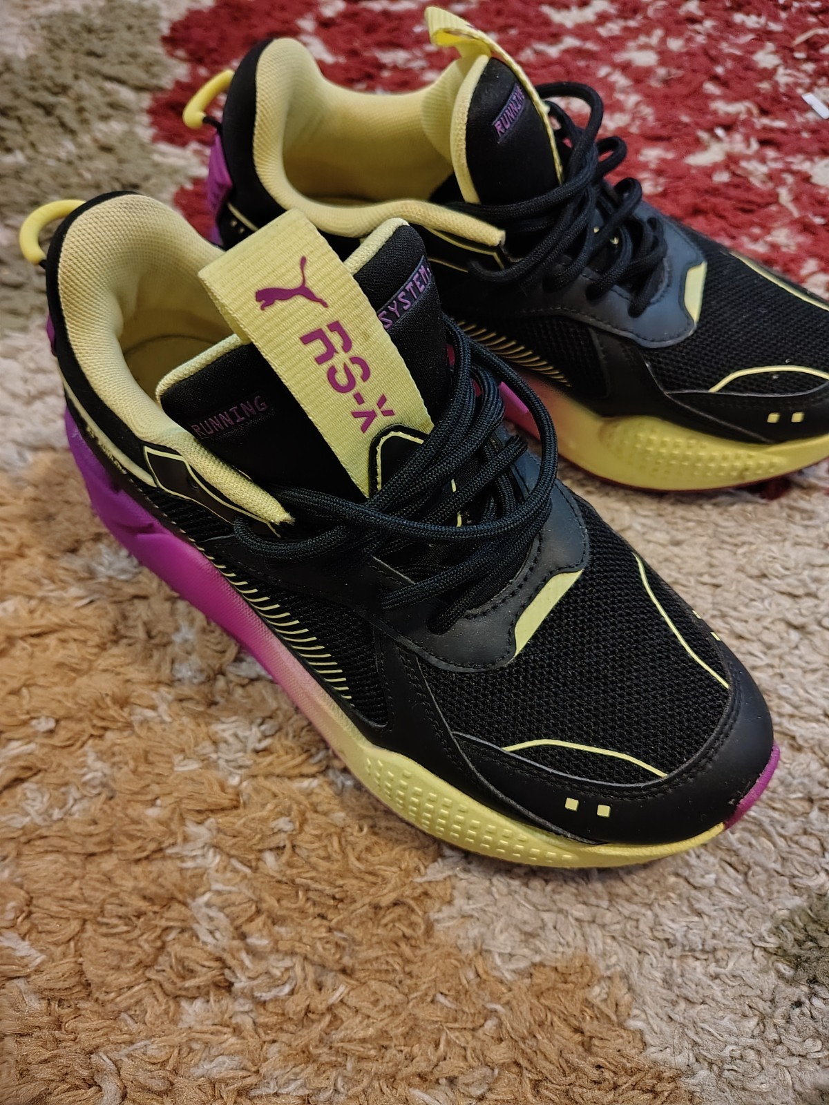PUMA RS-X Women’s Running Sneakers Size 7.5 Black Purple Yellow Athletic Shoes E