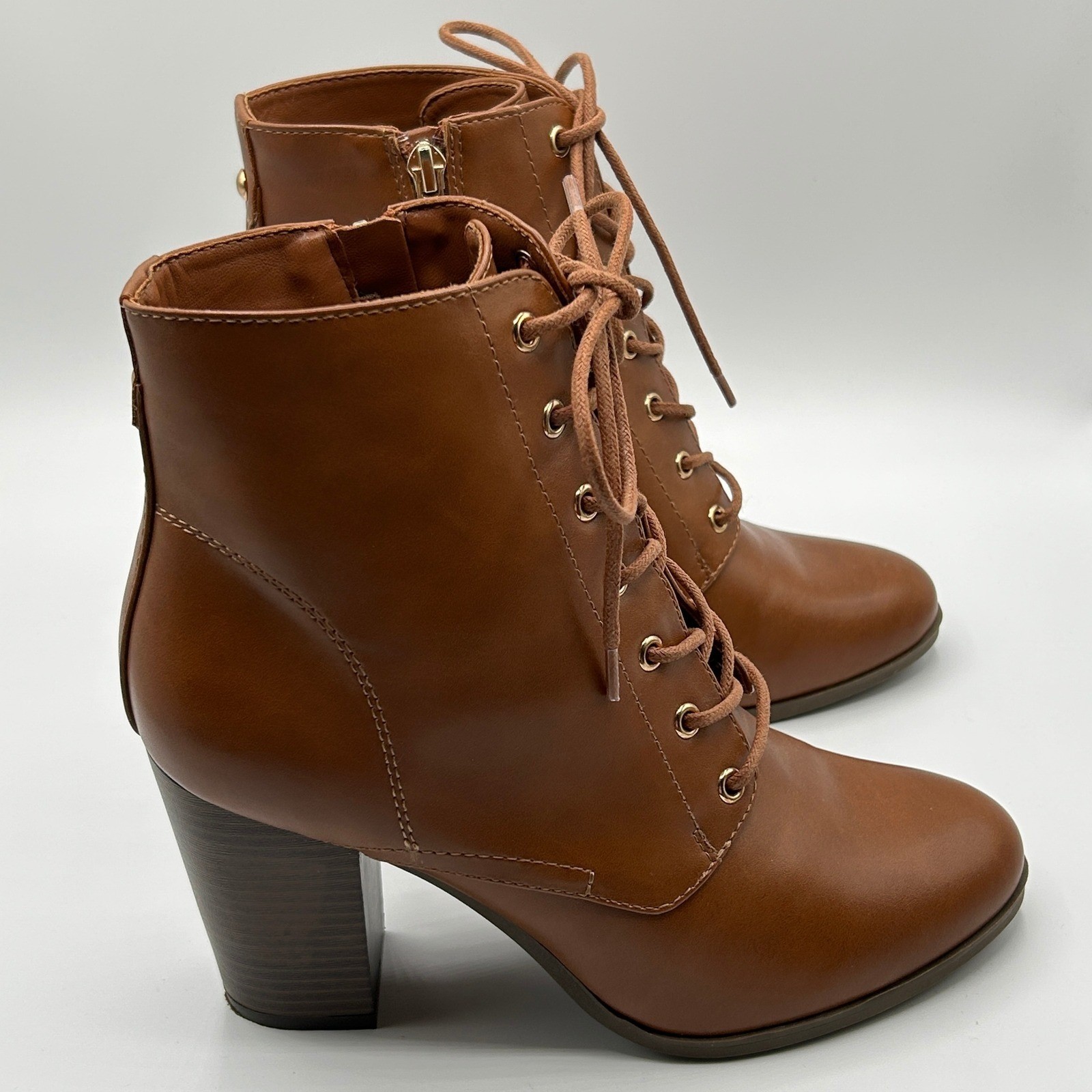 XAPPEAL Karen Lace Up Ankle Boots Block Heel Brown Faux Leather 8.5M Fall