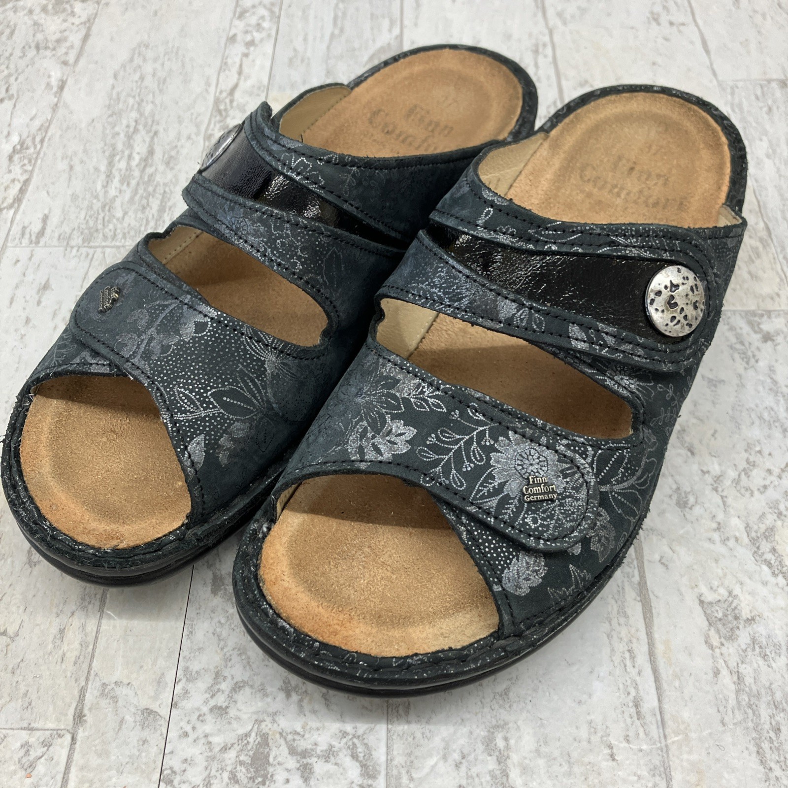 Finn Comfort Sansibar Slides Sandals Womens EU 37 US 8 Blue Floral Adj Width
