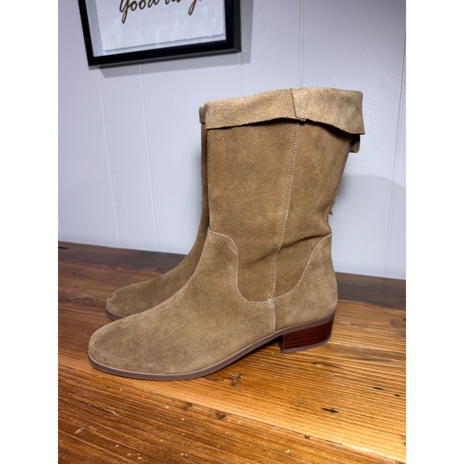Sole Society Women’s Calanth Tan Suede Cuffed Mid Calf Boots Block Heel Size 10