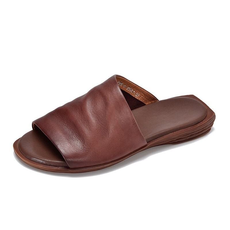 Women Lady Real Leather Open Toe Vintage Sandals Flat Gothic Punk Mules Slipper