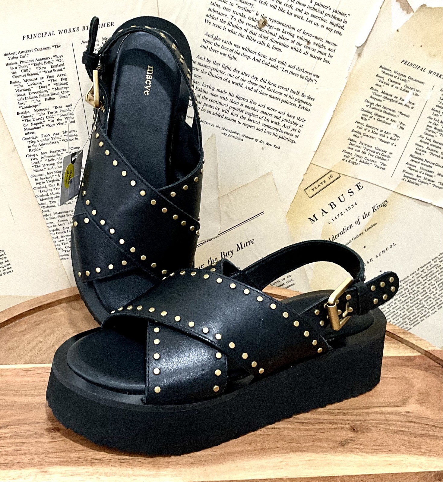 Anthropologie Maeve The Chrissy Platform Sandal Black Studs Leather 36/5-5.5 NEW