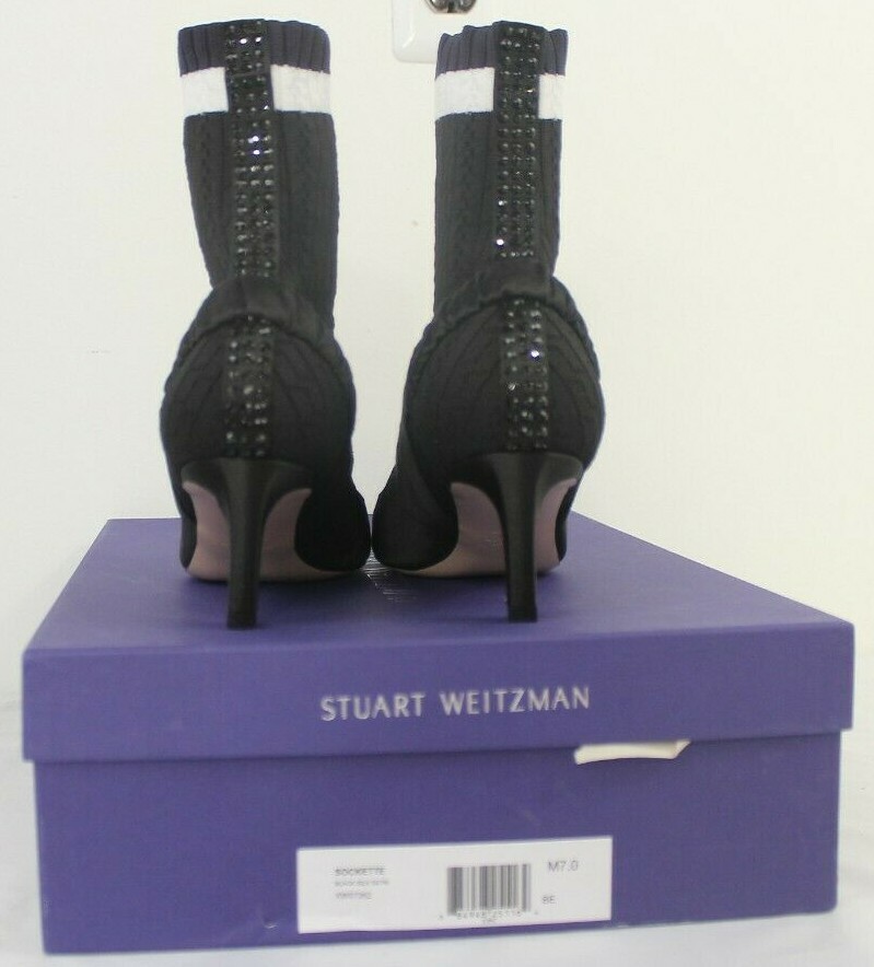 Stuart Weitzman Black Bling Rhinestone Silk Satin Sock Pump Bootie Women’s 37/ 7
