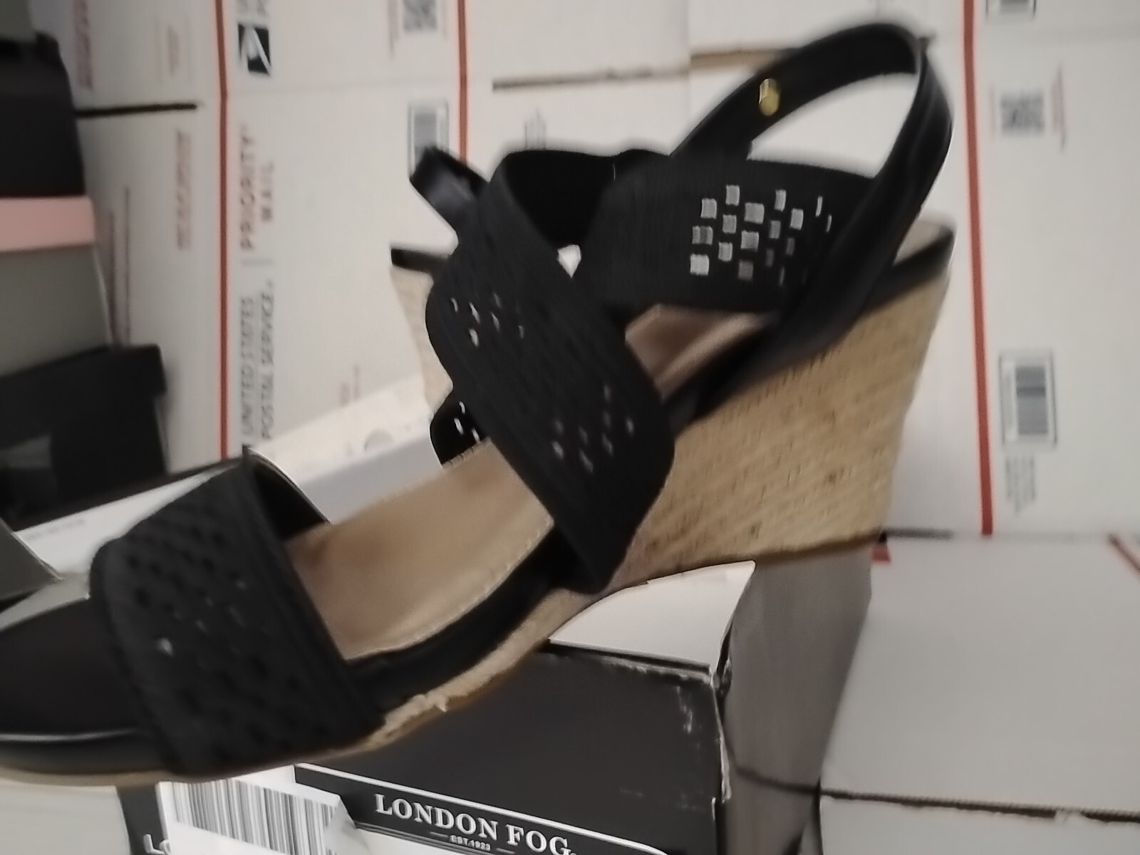 “London Fog” size 10 M , Woven Textile Sandals Pickwick BLACK Wedge Heel #00t