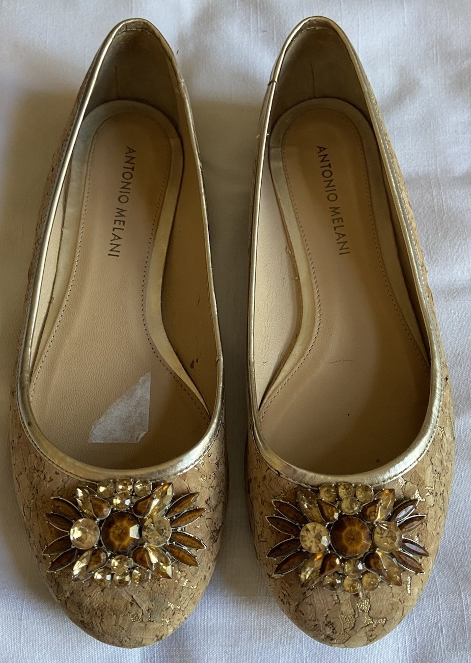 Antonio Melani Women’s Beige/Brown/Gold Gem Cork Spec Flat Loafers Shoes Size 8M
