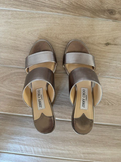 Jimmy Choo Size 38.5 Silver Leather High Heel Sandals