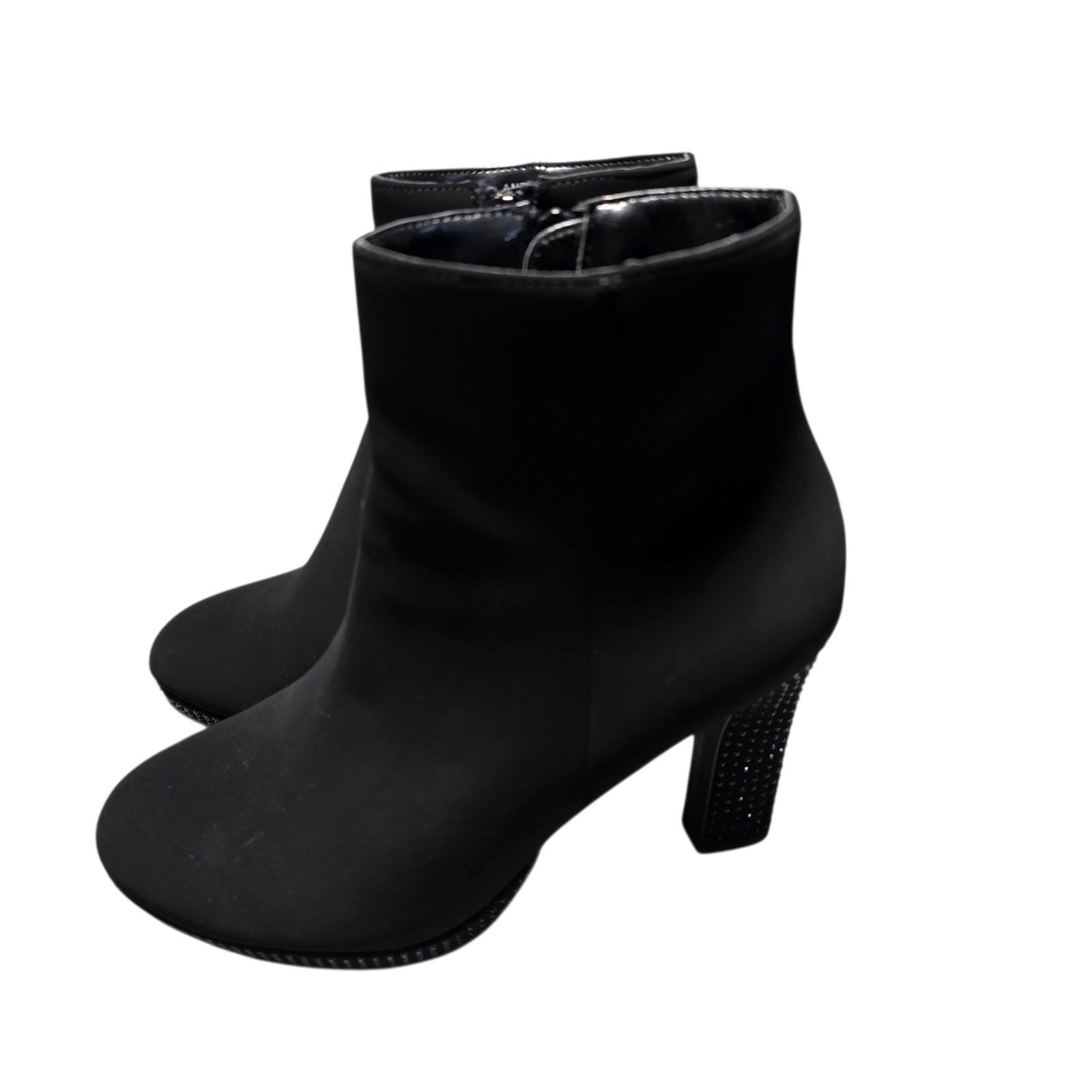 Andiamo Ankle Heel Boots 3″ Stacked Sparkle beaded Lattice Faux Suede sz 6.5 M