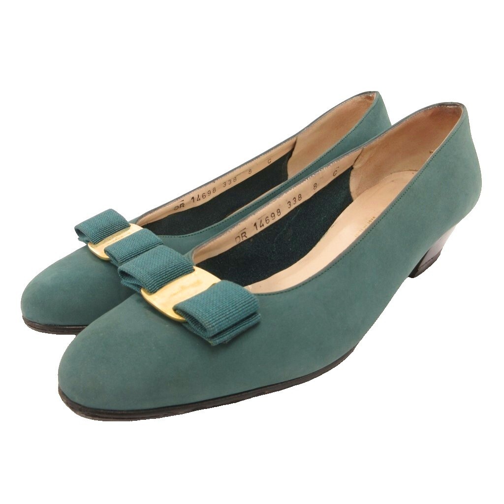 Salvatore Ferragamo Grosgrain Ribbon Pumps Suede Moss Green Women’s Size US 8