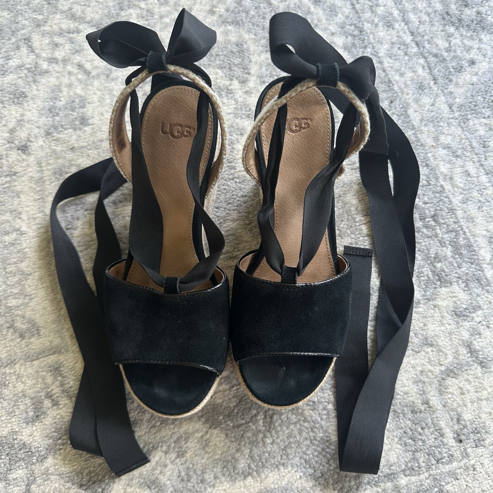 UGG Shiloh Black Suede Espadrille Wedge Sandals Ribbon Tie Wrap Womens Size 7