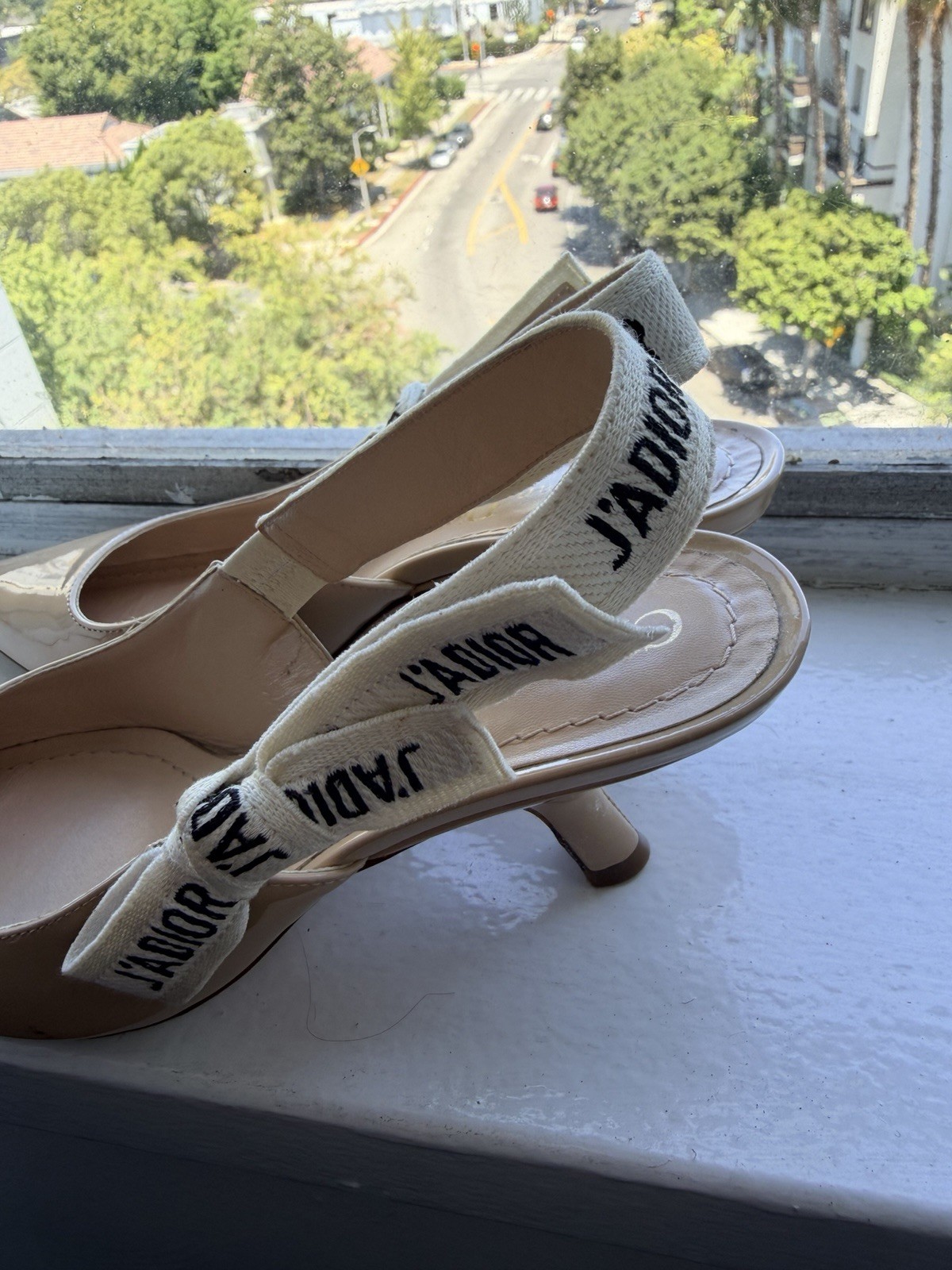 Christian Dior Beige Patent Leather Slingback Pointed Toe Logo Heels 4.5