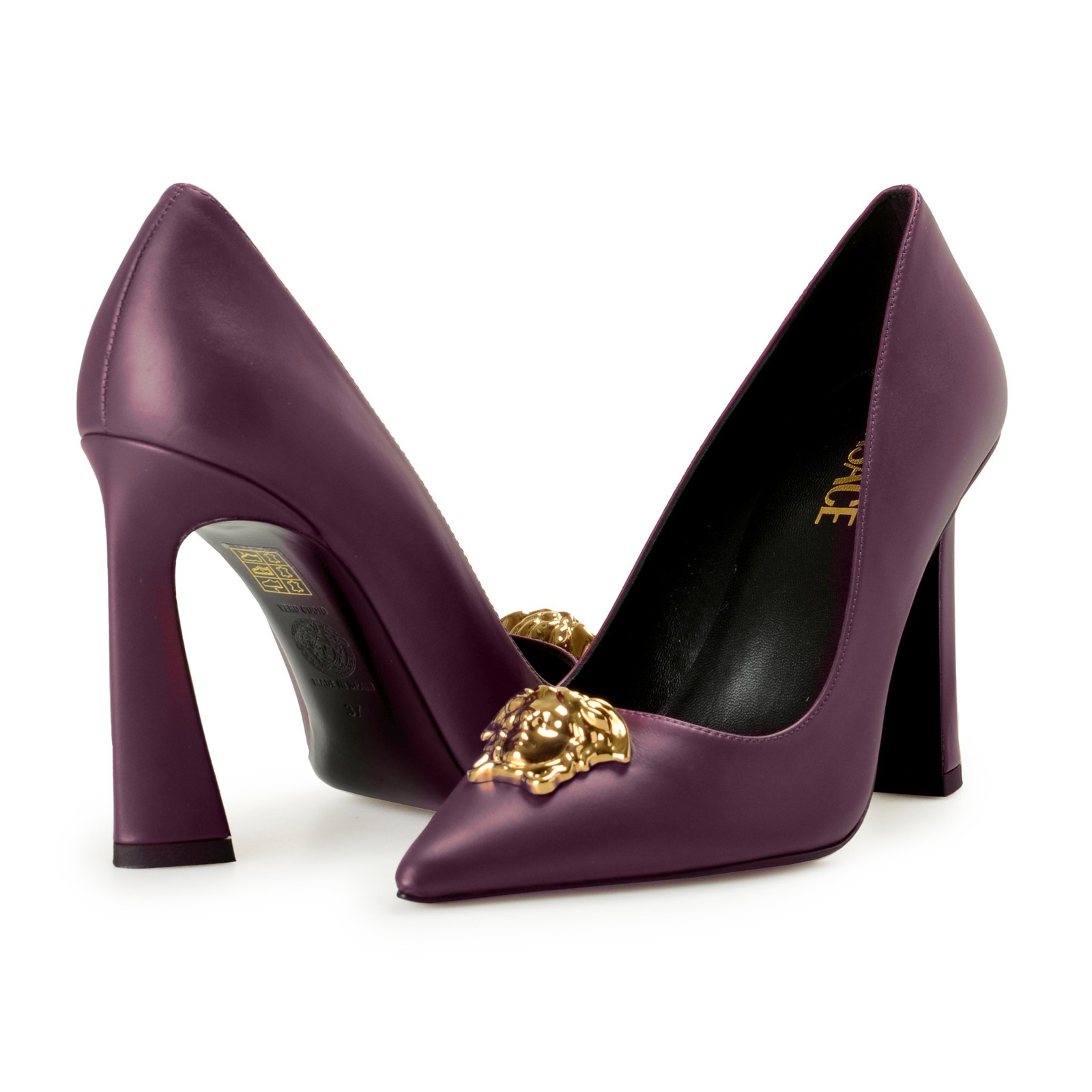 Versace Women’s Gold Medusa Deep Purple Leather Pump Shoes US 6 IT 36