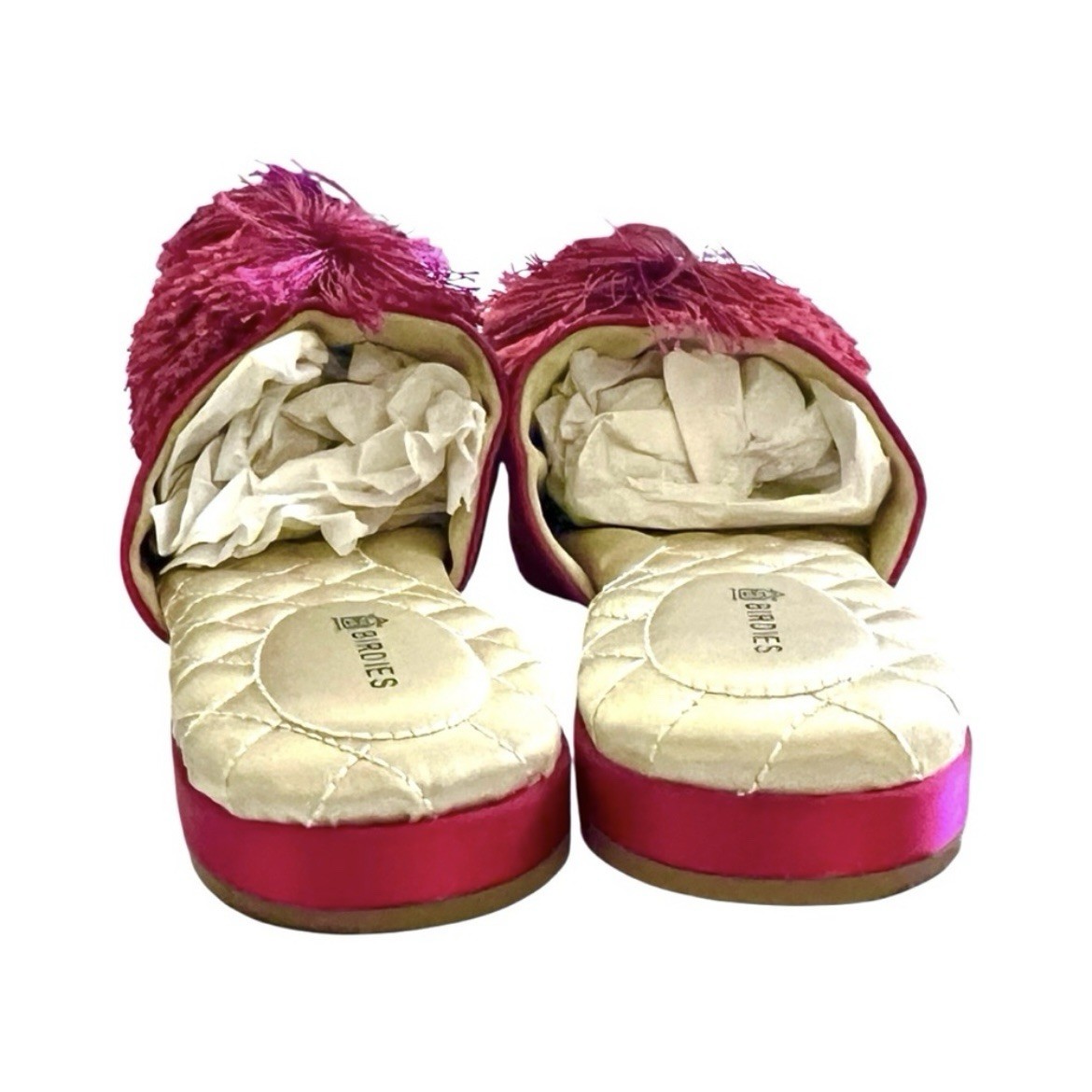 Birdies Fuchsia Pink Pom Pom Satin Songbird Mule Slipper Size 7.5-Never worn