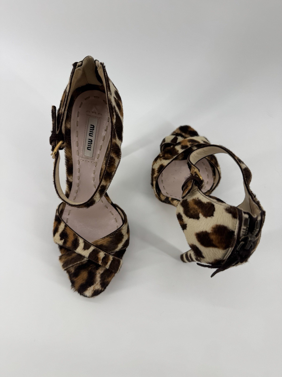 Miu Miu Leopard Print Calf Hair Crisscross Ankle Strap Heels Sz37.5 Authenticate