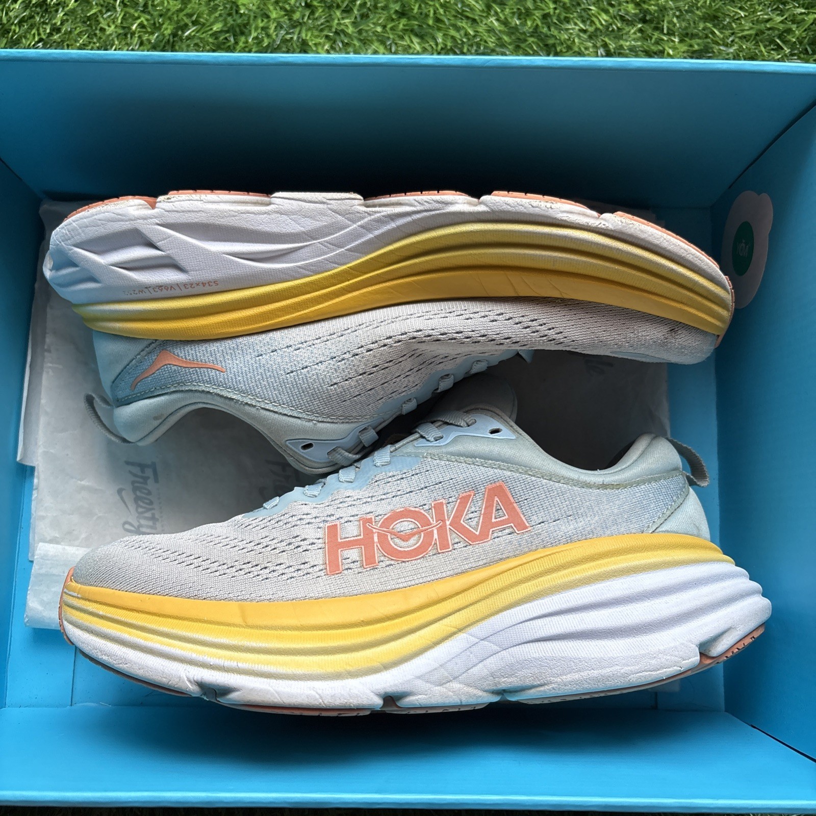 Hoka One Bondi 8 Blue/Yellow Running Athletic Sneaker Women’s Size 7 B