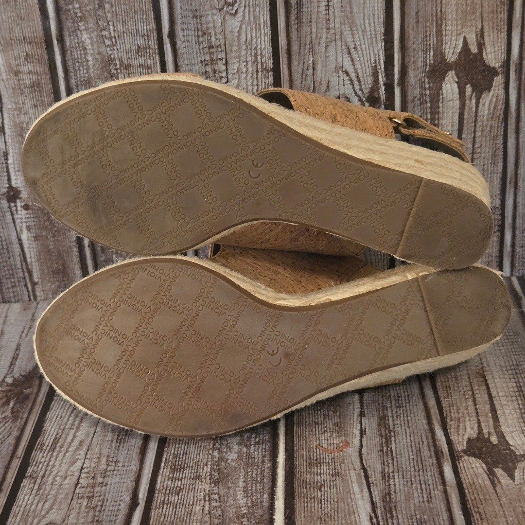 Sz 7.5 Wide Womens Vionic Brooke Cork Tan Gold Espadrille Wedge Sandals VGUC
