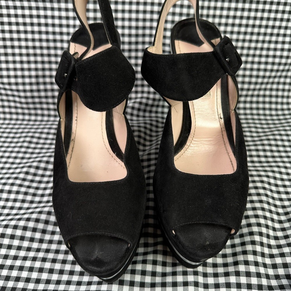 Miu Miu Black Silver Metallic 70s Disco Style Suede Platform Sandals EU 38 US 8