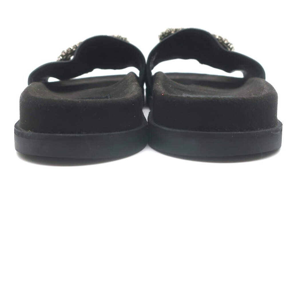 Roger Vivier Crystal-Embellished Flat Slide Sandals Black Leather Size 39