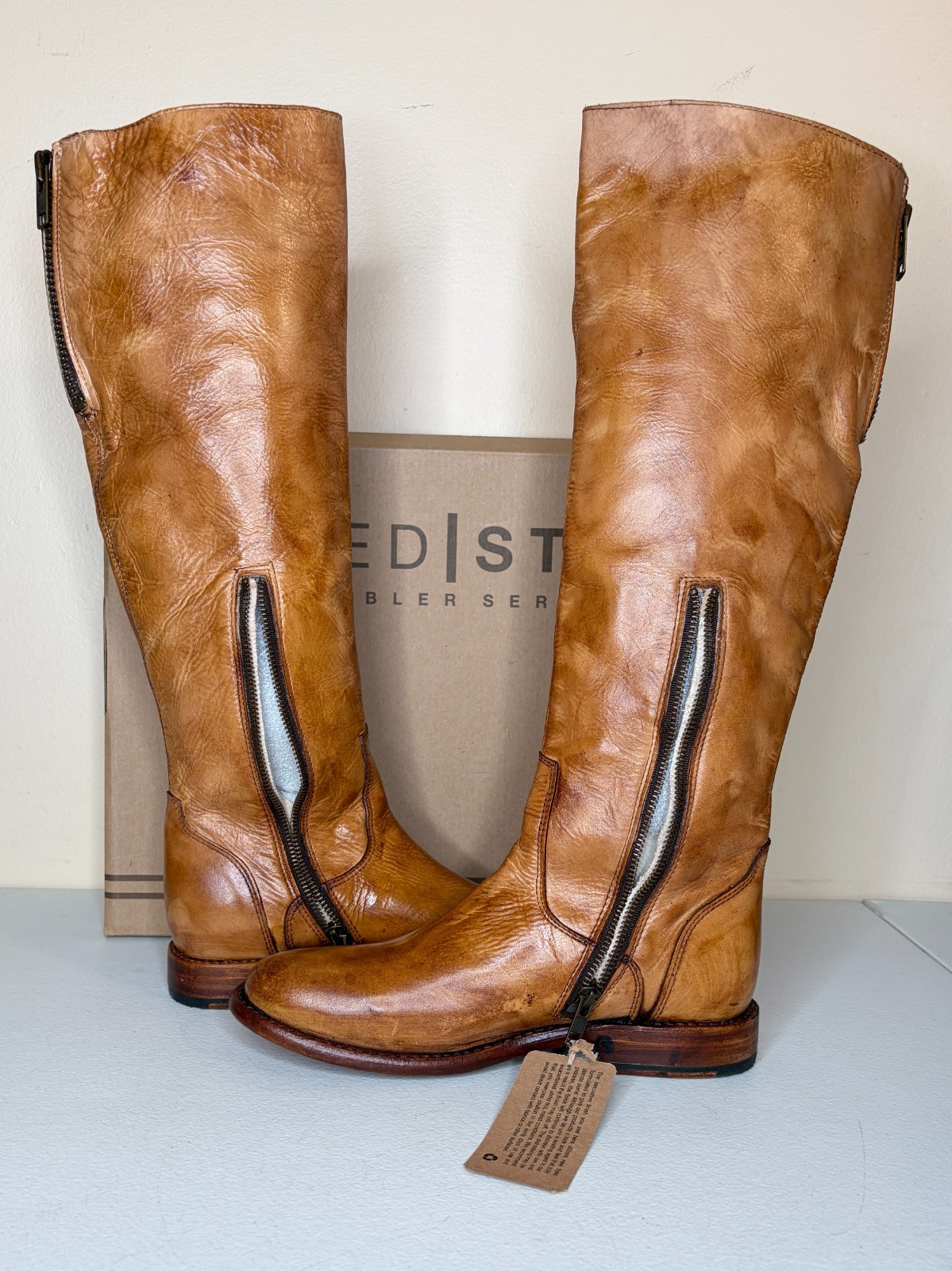 BED STU Tess Tan Distressed Leather Tall Riding Boots BedStu Size 8