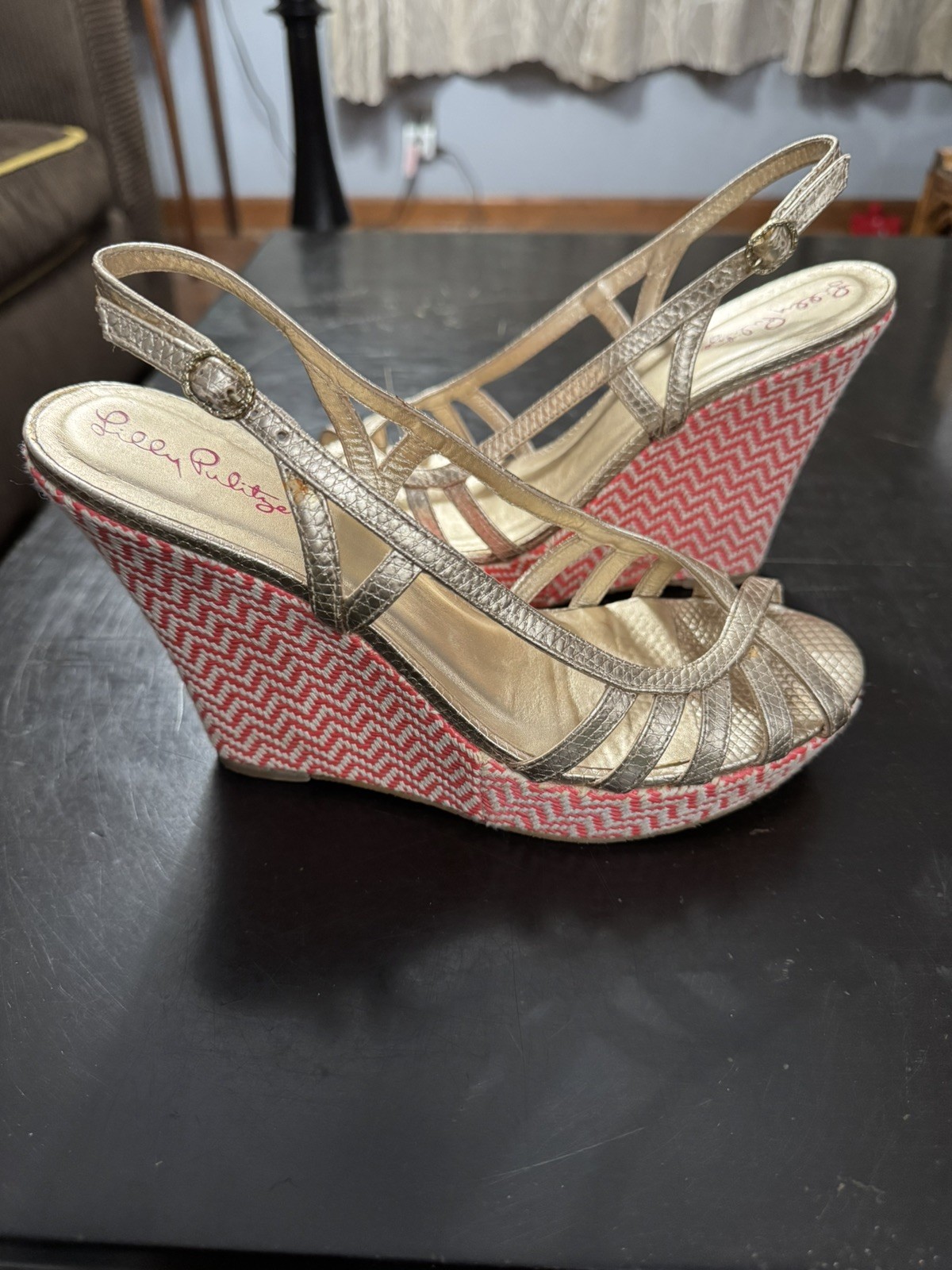 Lilly Pulitzer Sophie Gold Metallic Leather Raffia Wedge Platform Sandals 7.5