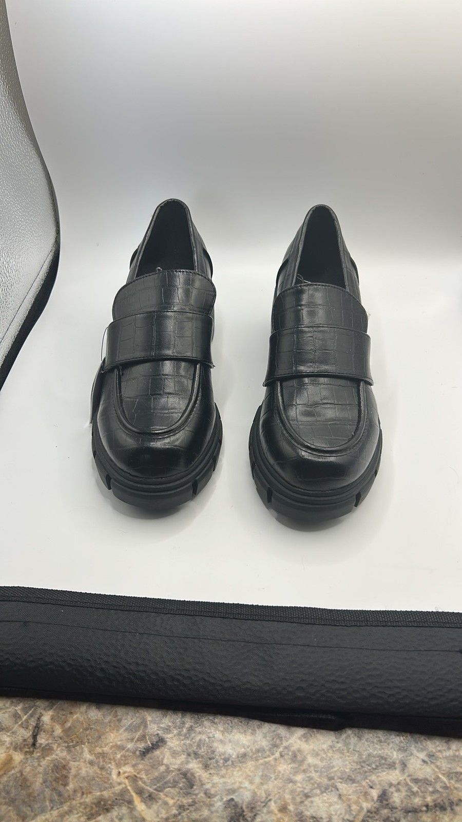 London Rag. Chunky Black Croc-Embossed Platform Loafers