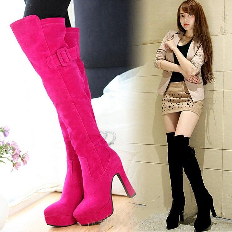 Women Round Toe Block Platform High Heels Over Knee Thigh Riding Boots Shoes New