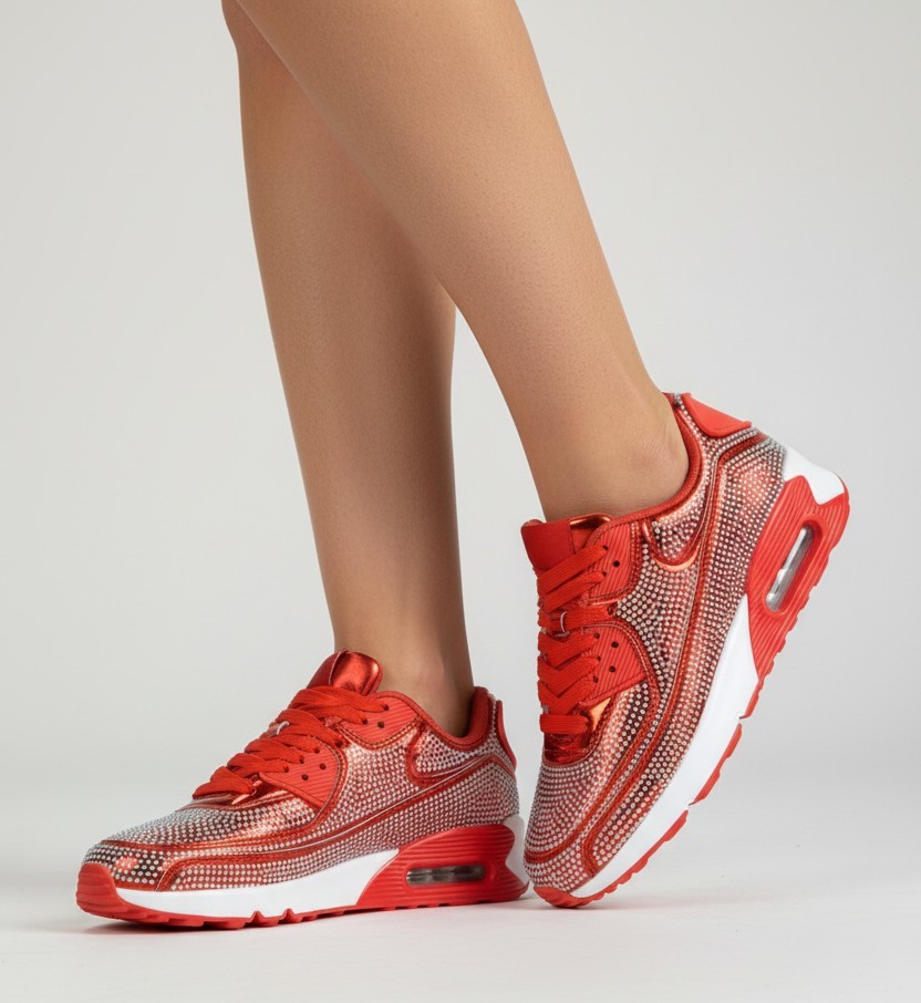 Berness Women Rhinestone Sneakers Colorful Chunky Bling Lace Up QUEEN Hot Red