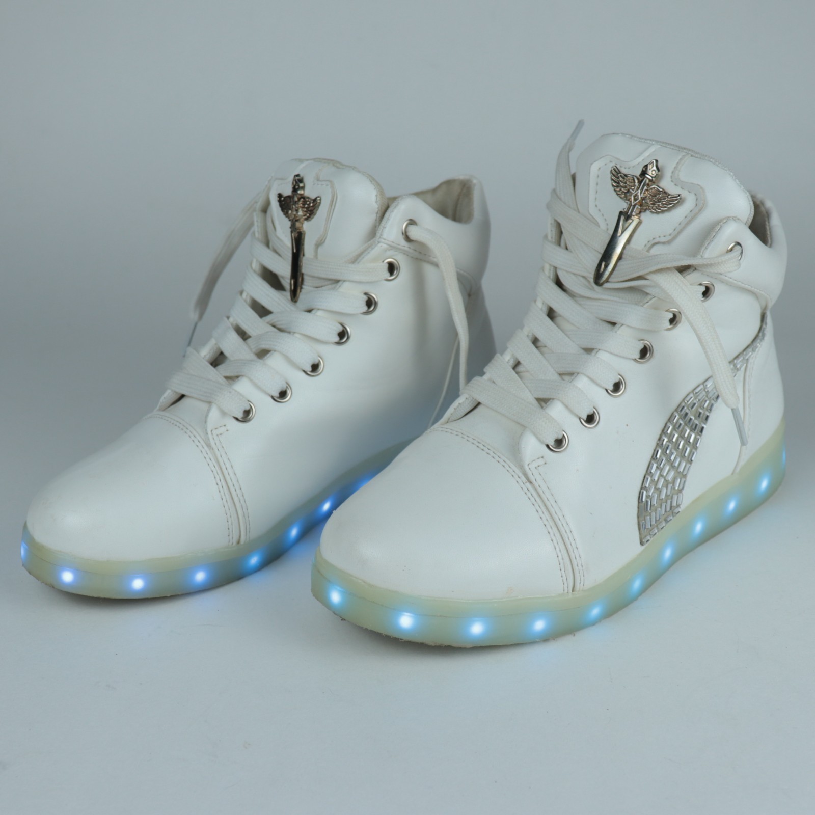 Women’s USB LED High Top Simulation Sneakers Size 7 Dance – White, Rhinestone