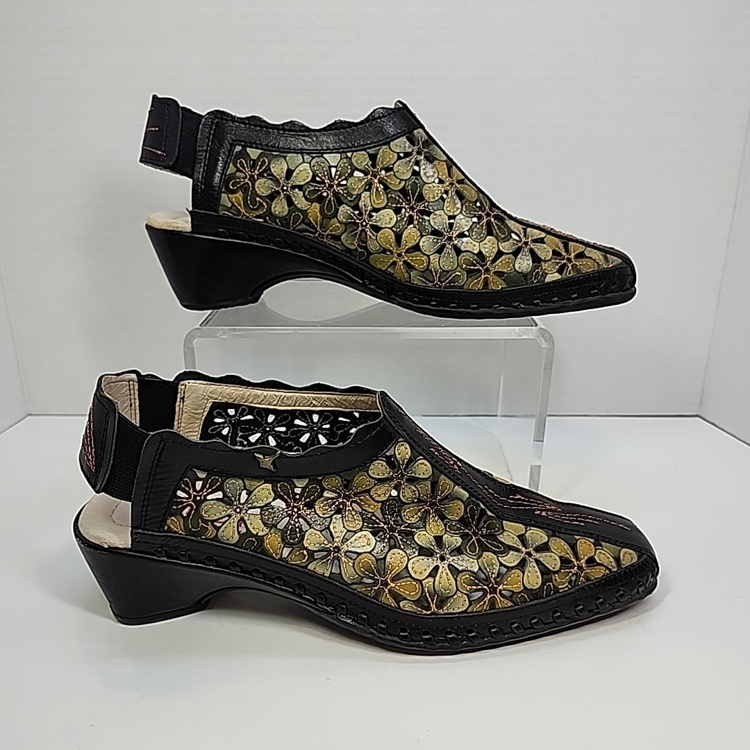 Pikolinos Romano Black Green Floral Cutout SlipOn Shoes EU 36 US 6.5 Hippie Boho
