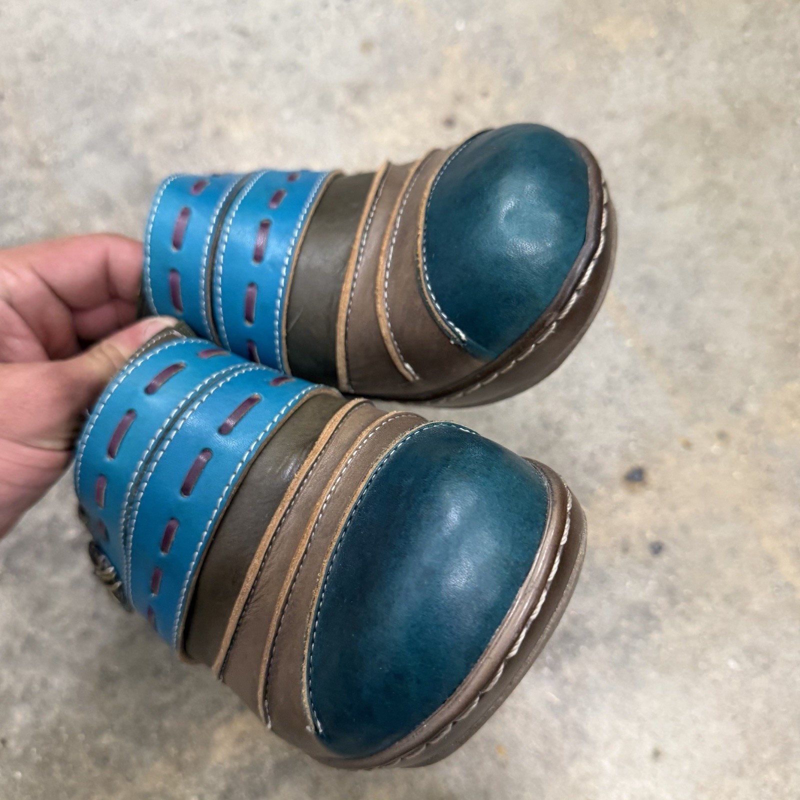 L’Artiste Spring Step Reggae Handpainted Leather Clogs Mules Blue Brown 39 US 8